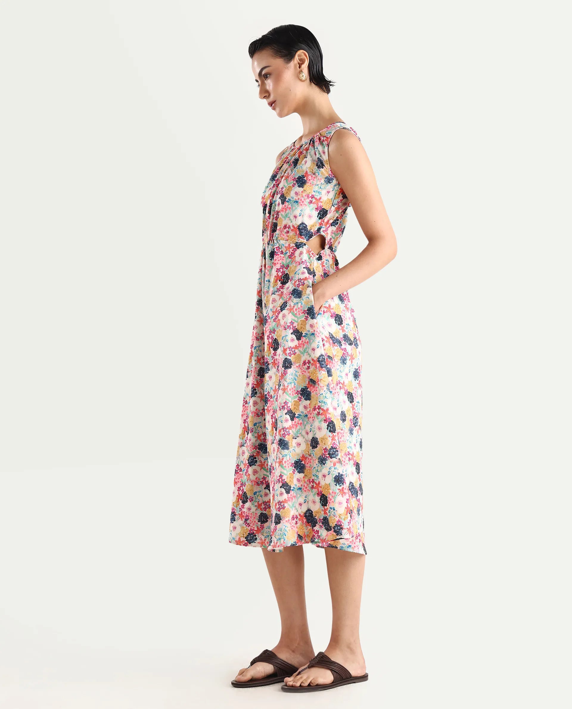 Rareism Women's Rinaf Multi Satin Round Neck Floral Print Sleeveless Midi Fit And Flare Dress