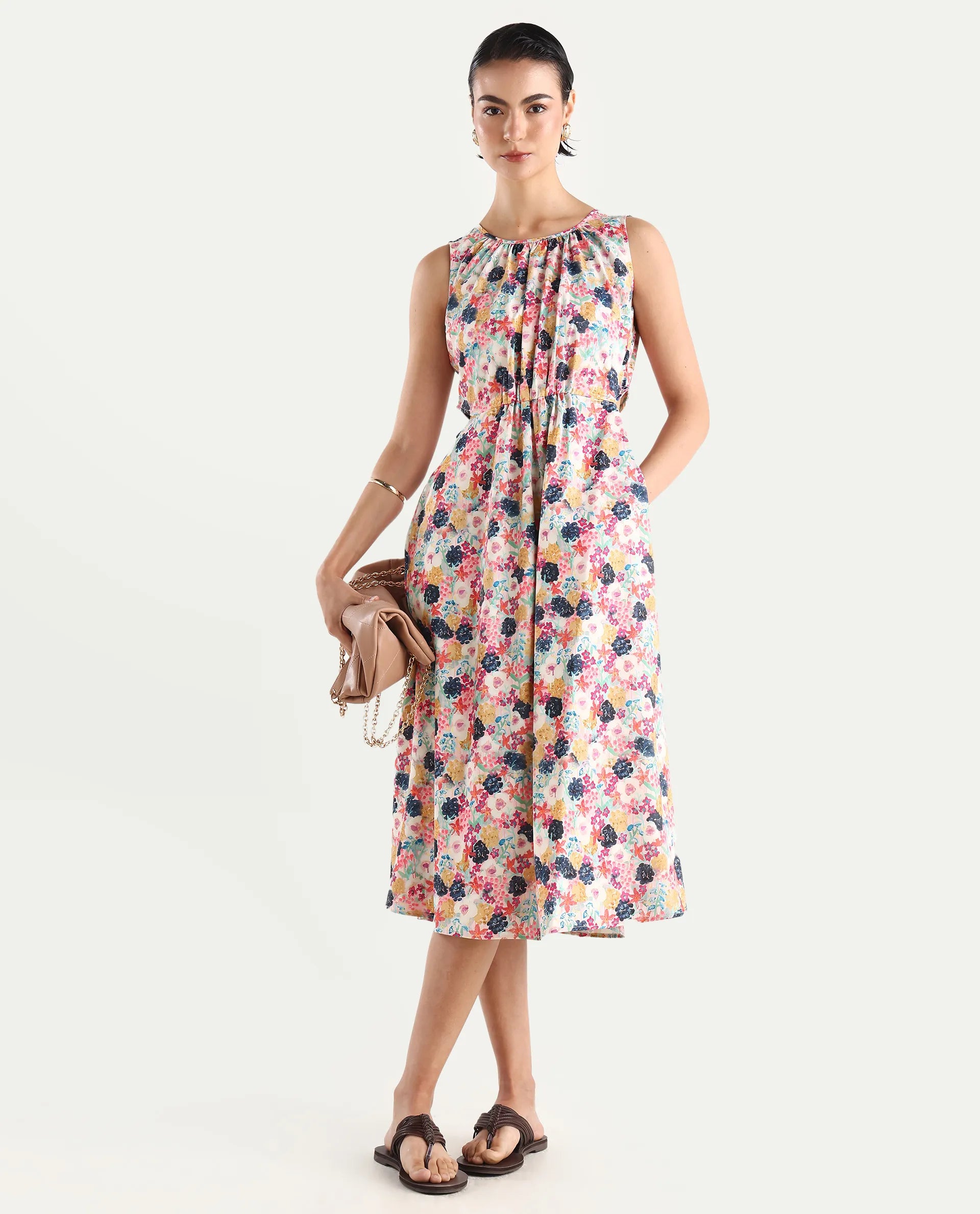 Rareism Women's Rinaf Multi Satin Round Neck Floral Print Sleeveless Midi Fit And Flare Dress