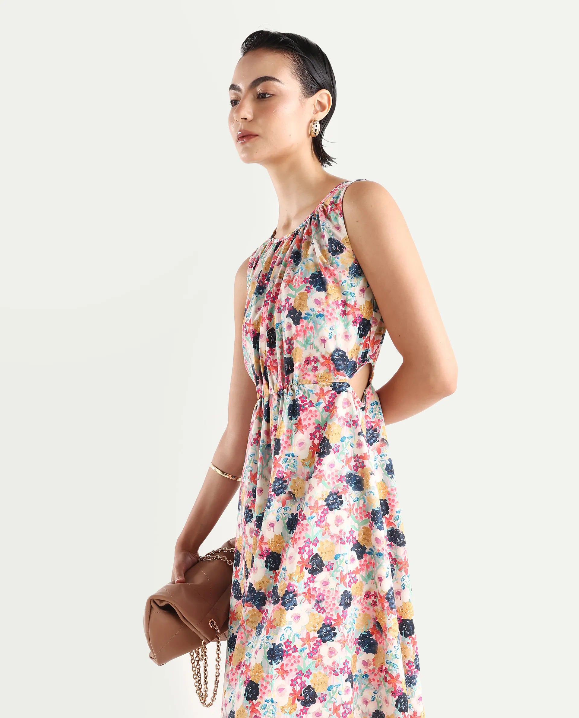 Rareism Women's Rinaf Multi Satin Round Neck Floral Print Sleeveless Midi Fit And Flare Dress