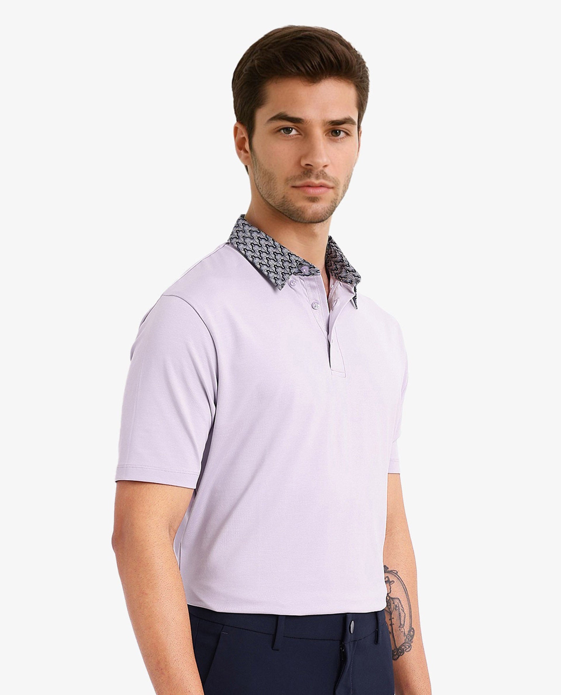 Rare Rabbit Men Ringer-2 Dusky Purple Cotton Fabric Printed Collar Half Sleeves Polo T-Shirt