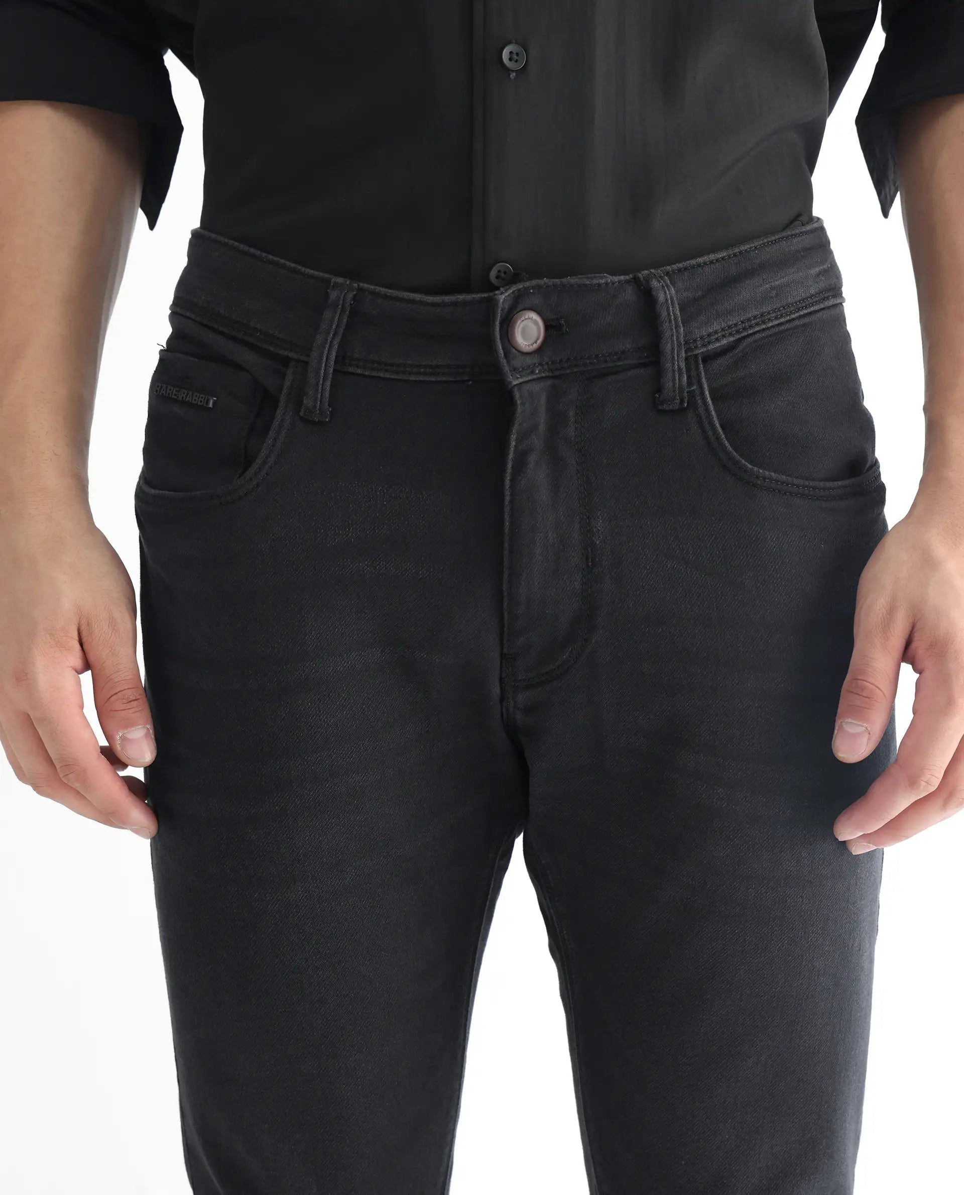 Rare Rabbit Men's Riom Dark Grey Cotton Plain Hawk Slim Fit Jeans