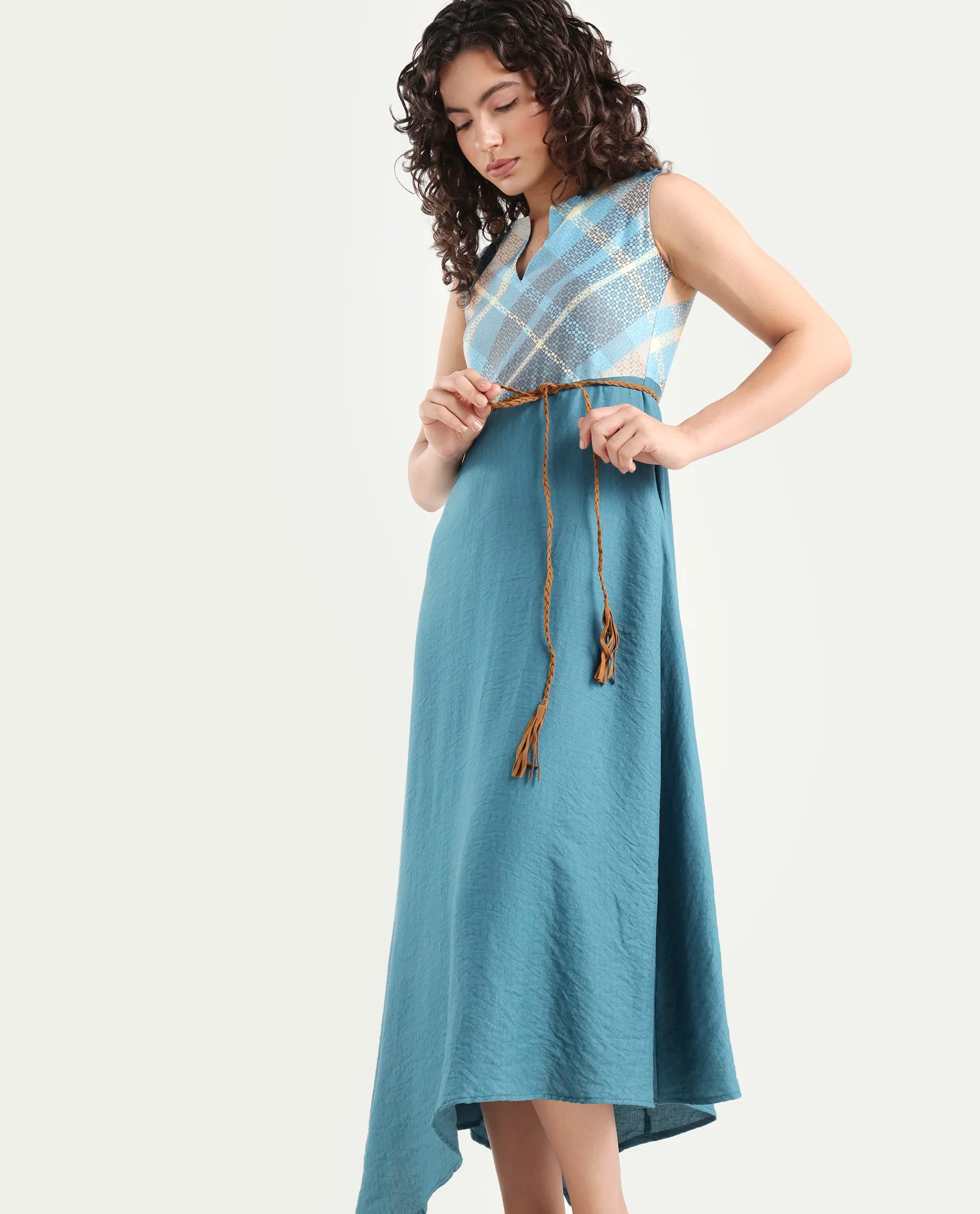 Buy Riskal - Blue Flannel Print Maxi Dress| Rareism Buy Riskal - Blue Flannel Print Maxi Dress| Rareism