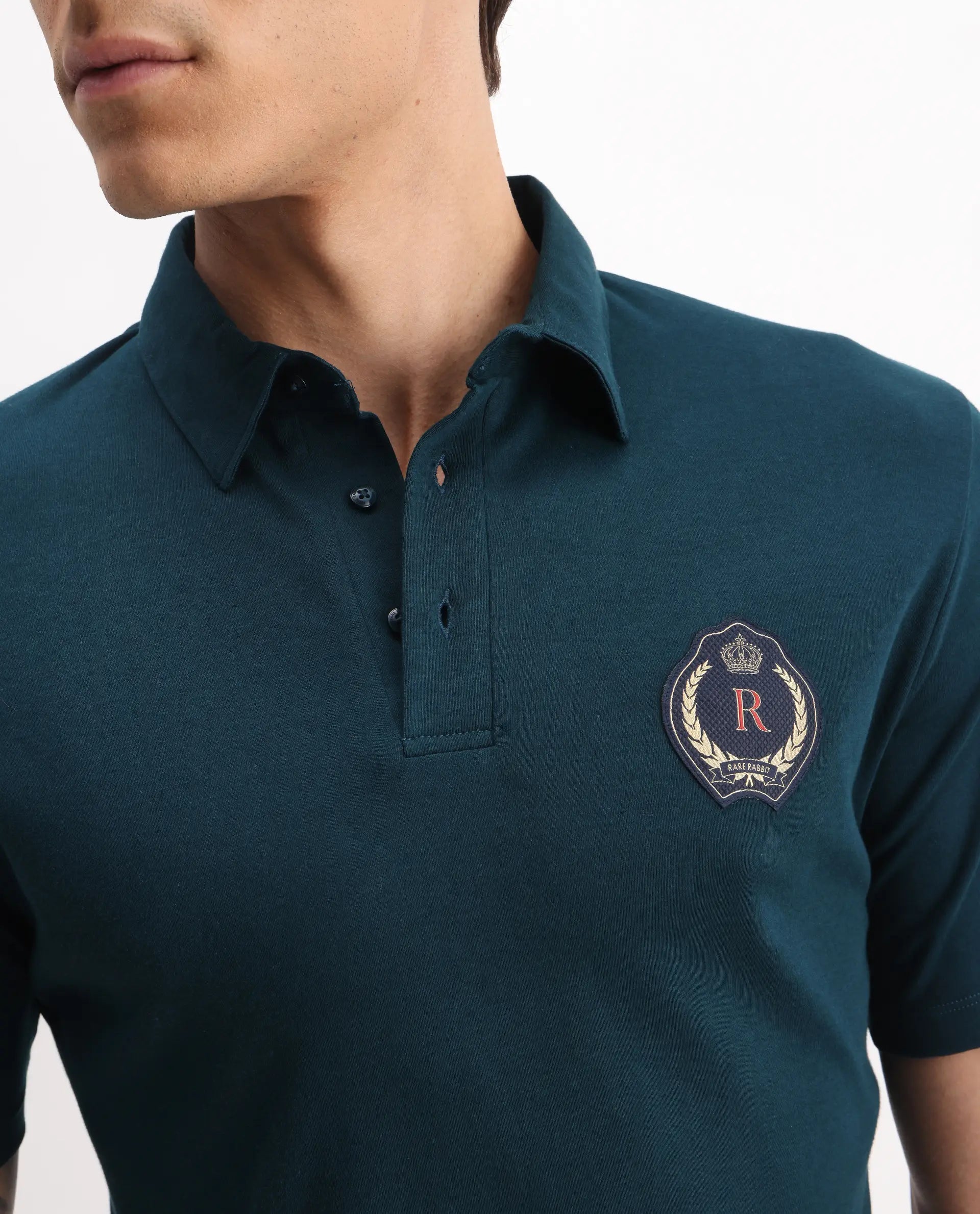 Rare Rabbit Men's Ritz Dark Green Cotton Plain Regular Fit Half Sleeve Polo