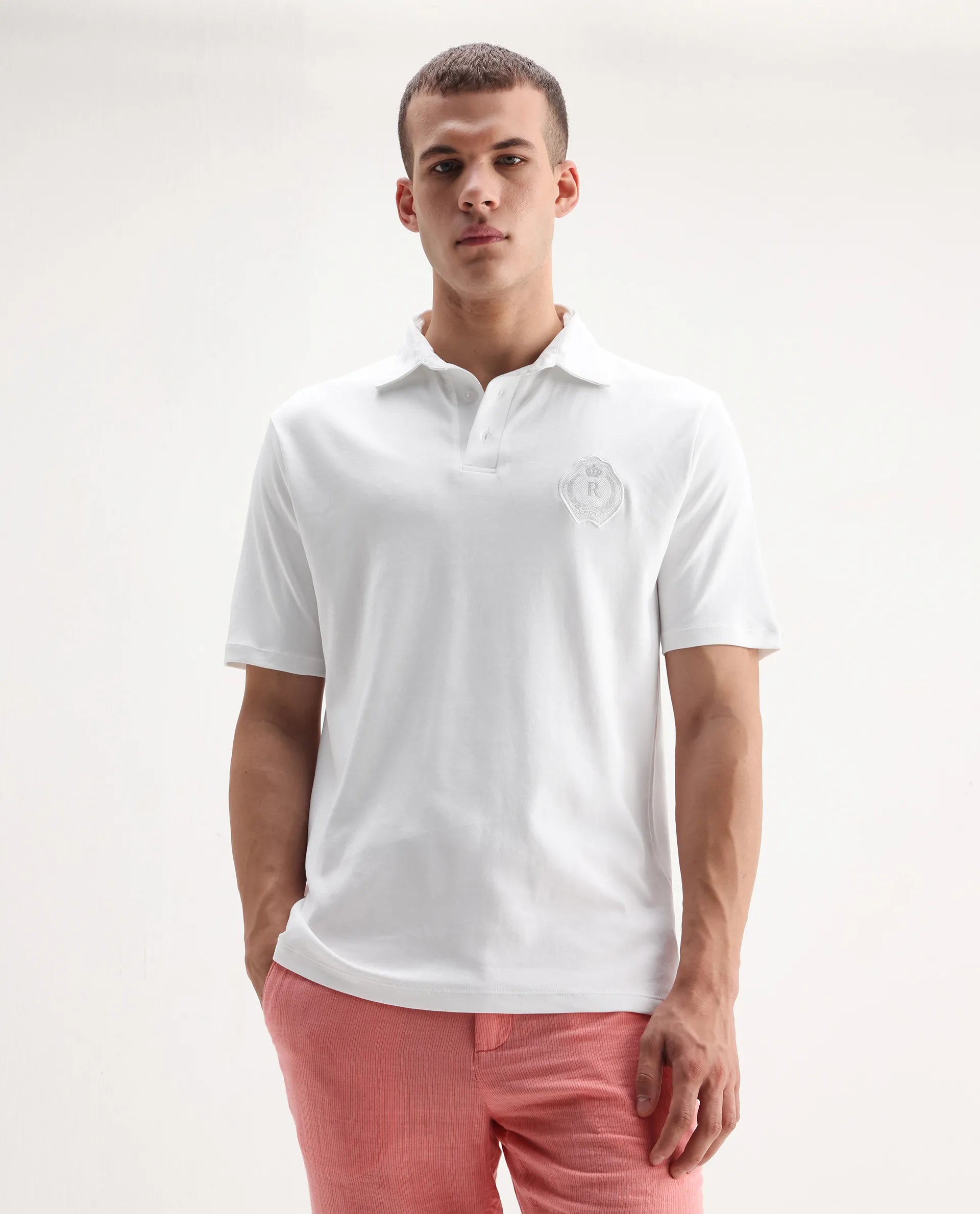 Rare Rabbit Men's Ritz White Cotton Plain Regular Fit Half Sleeve Polo