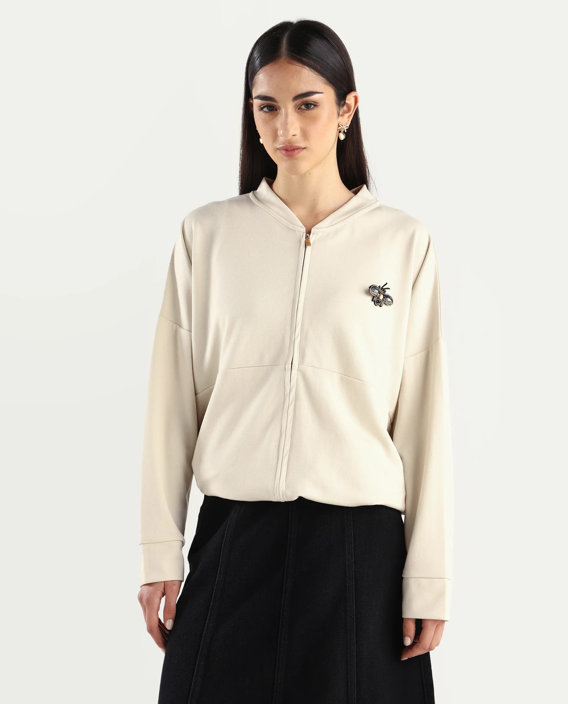 Rareism Women's Rize Off White Modal Blend Ribbed Collar Plain Relaxed Fit Sweatshirt