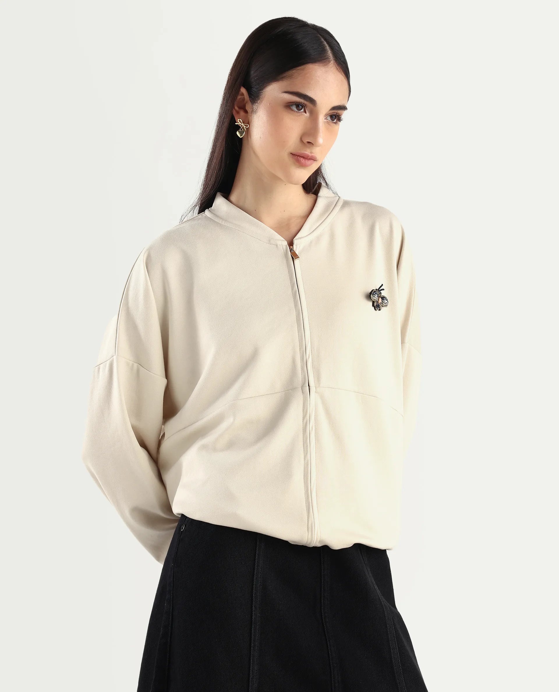 Rareism Women's Rize Off White Modal Blend Ribbed Collar Plain Relaxed Fit Sweatshirt