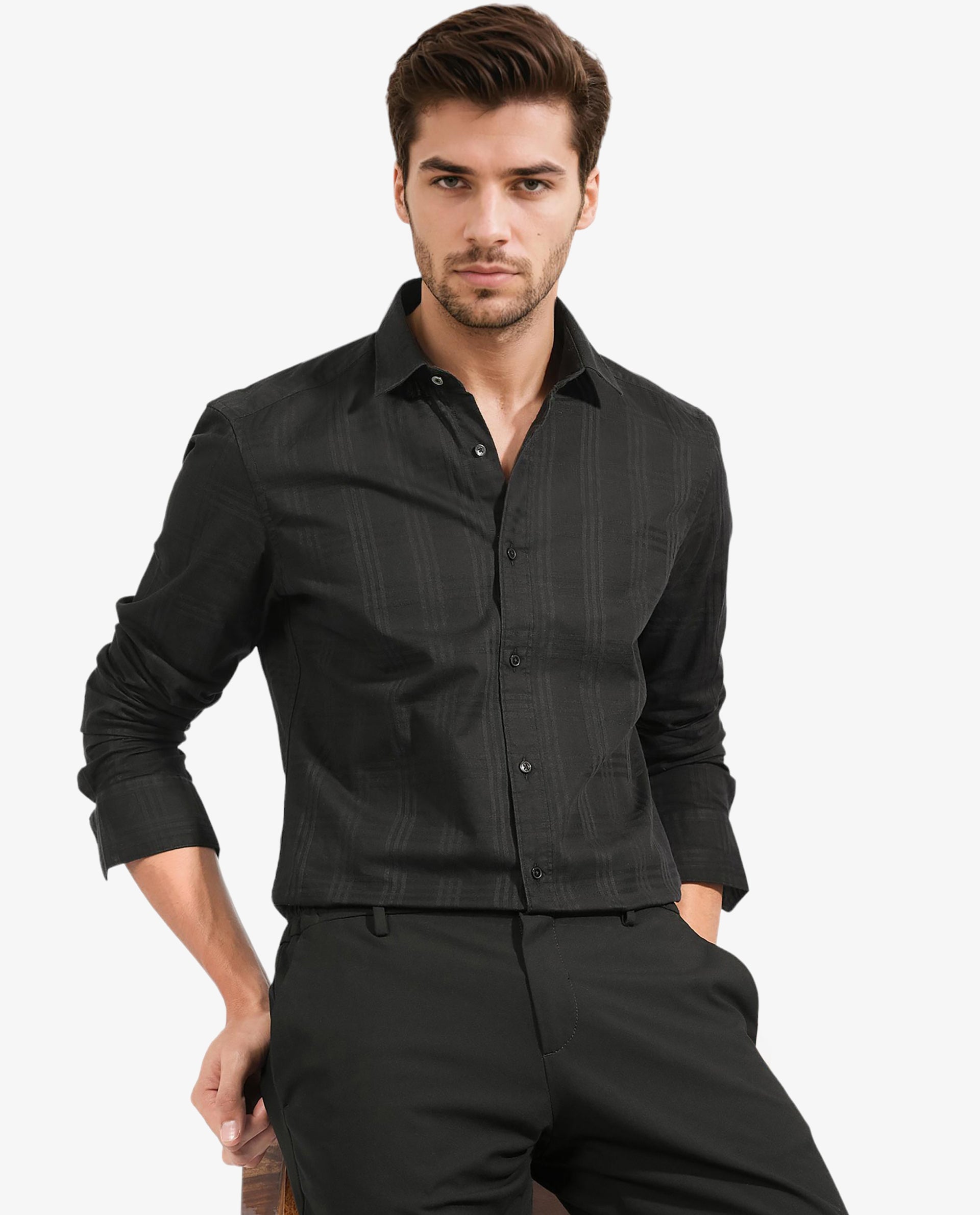 Rare Rabbit Men's Roar Black Cotton Checked Print Regular Fit Full Sleeve Collared Shirt