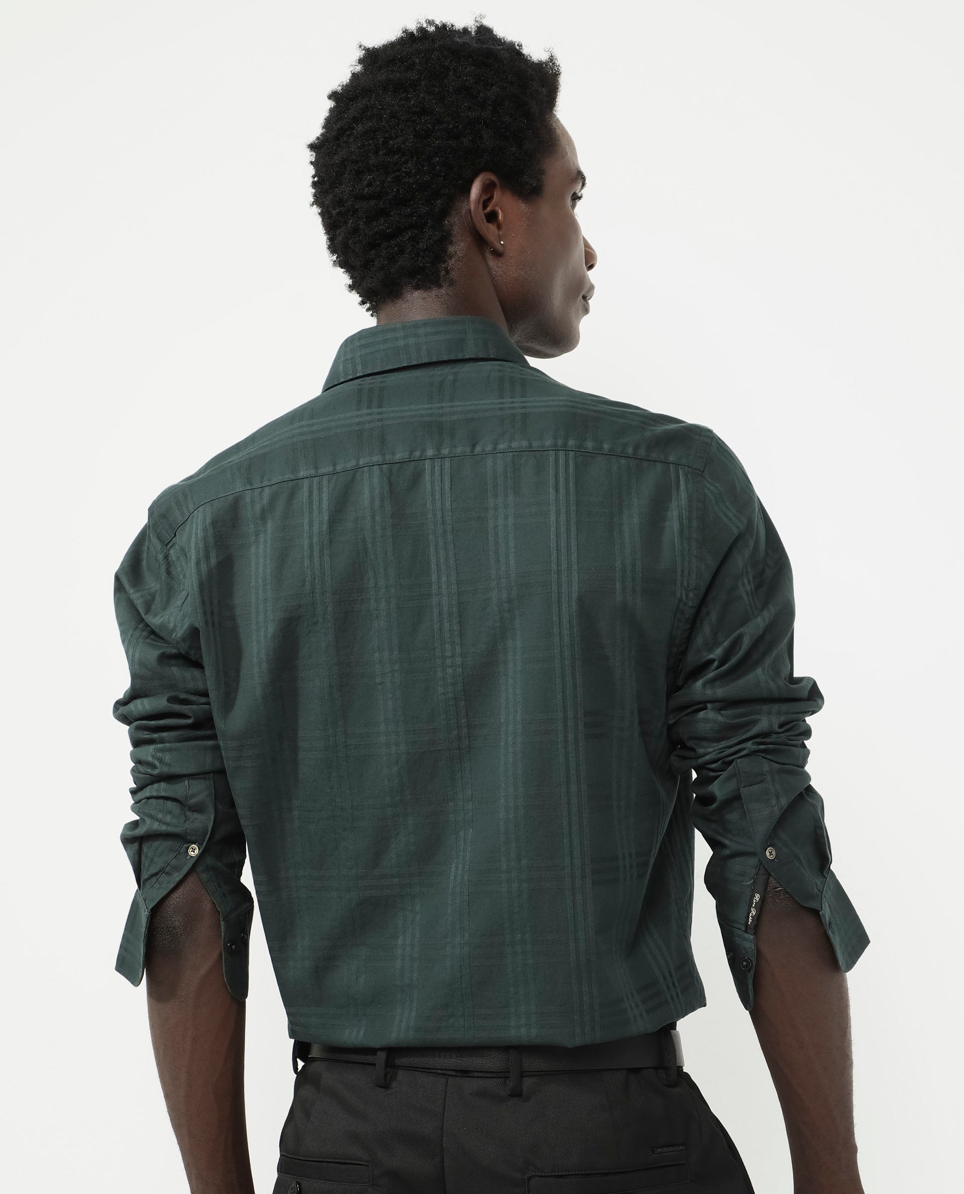 Rare Rabbit Men's Roar Dark Green Cotton Fabric Full Sleeves Collared Neck Checks Shirt