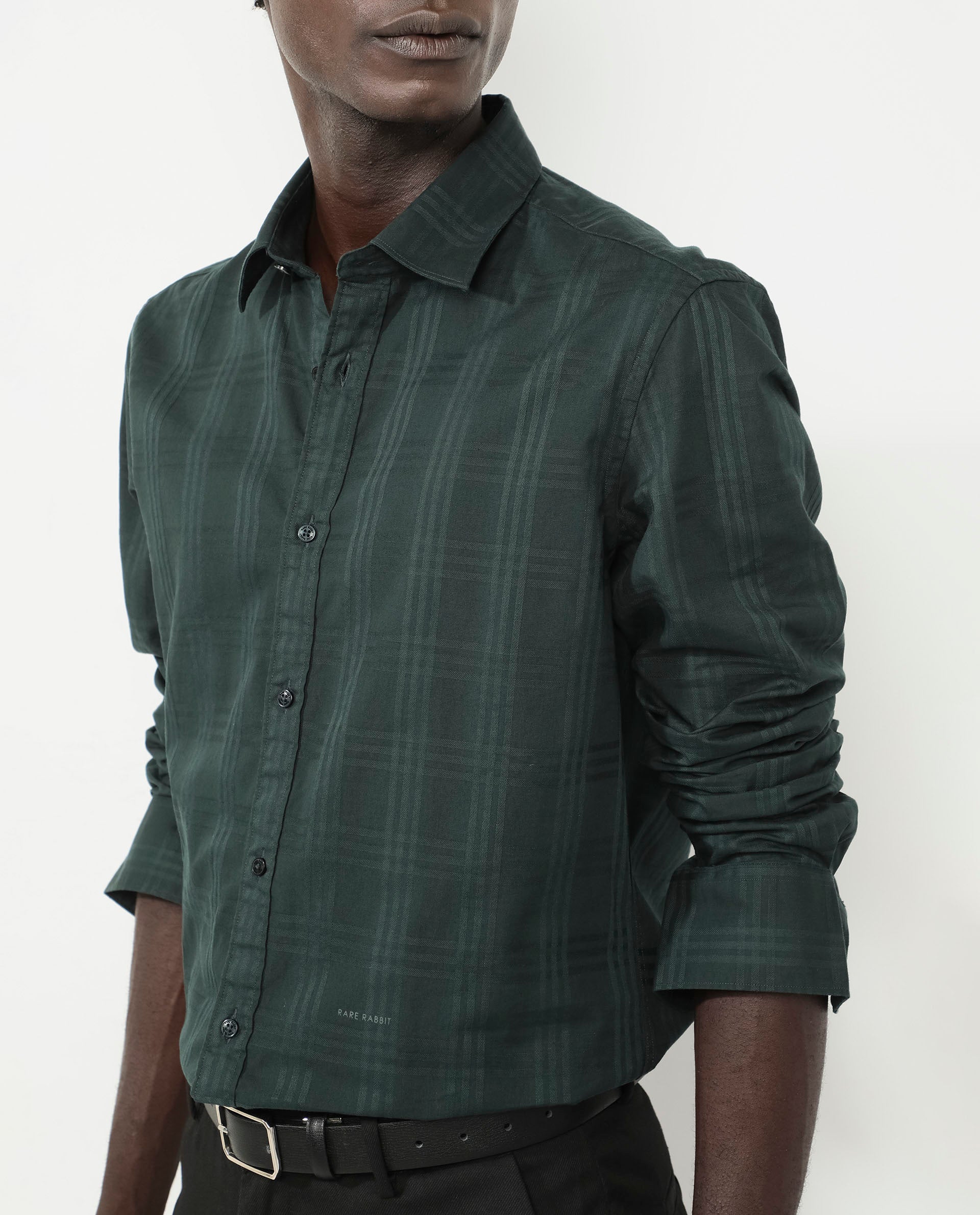 Rare Rabbit Men's Roar Dark Green Cotton Fabric Full Sleeves Collared Neck Checks Shirt