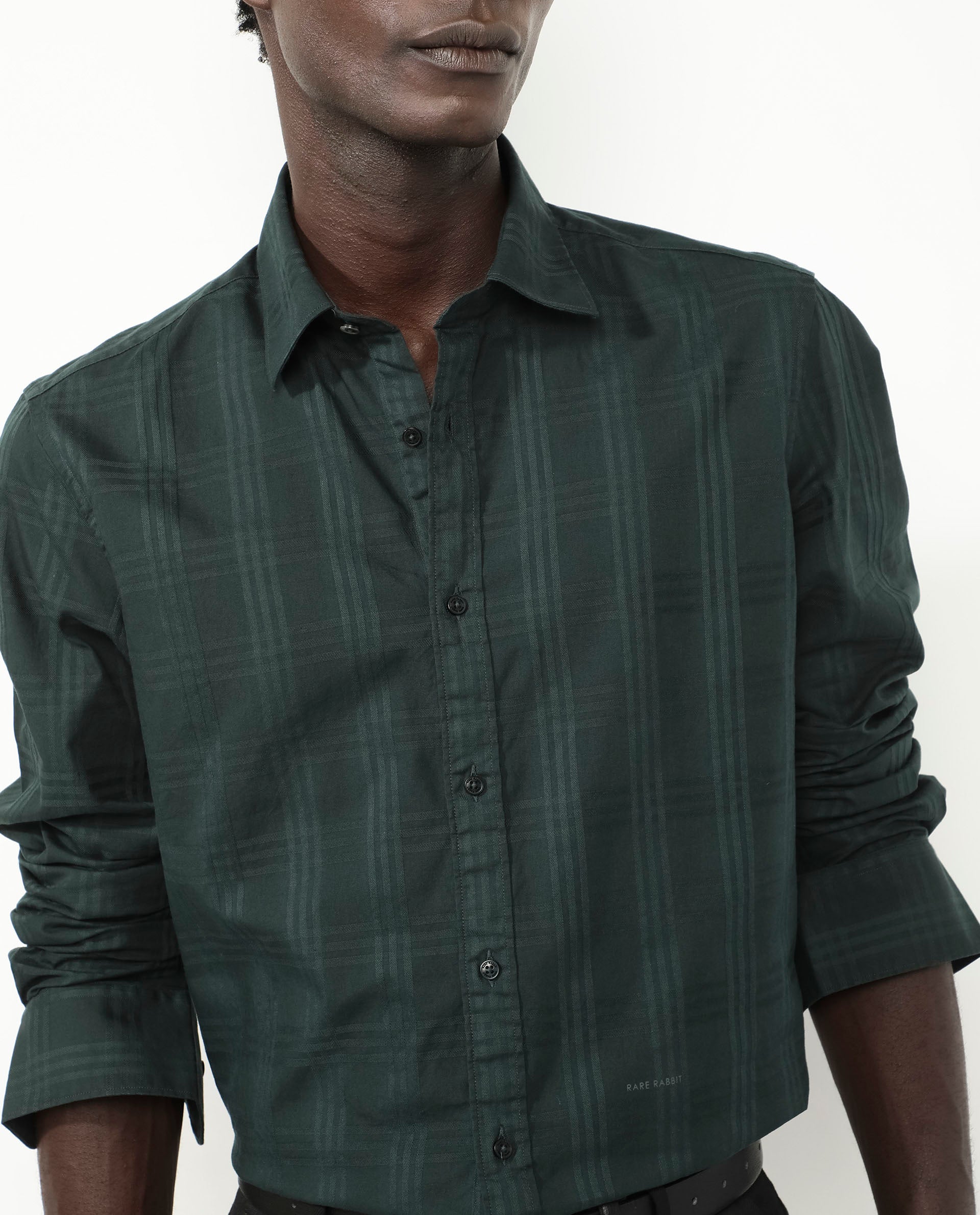 Rare Rabbit Men's Roar Dark Green Cotton Fabric Full Sleeves Collared Neck Checks Shirt