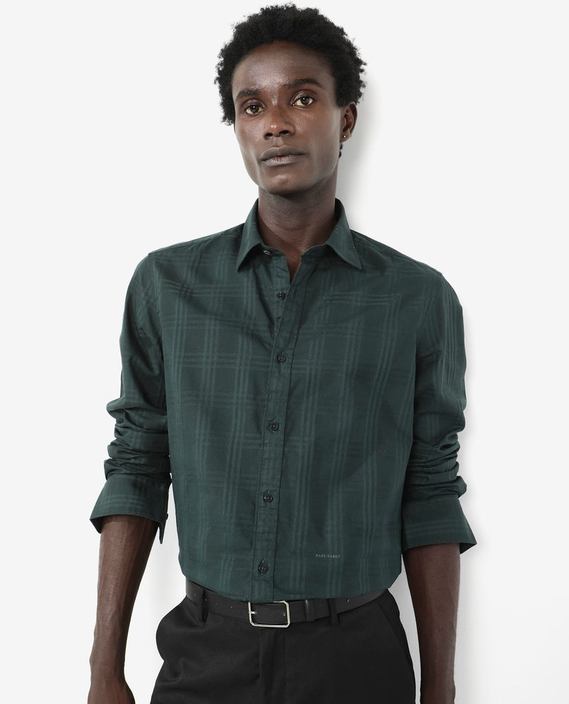 Rare Rabbit Men's Roar Dark Green Cotton Fabric Full Sleeves Collared Neck Checks Shirt