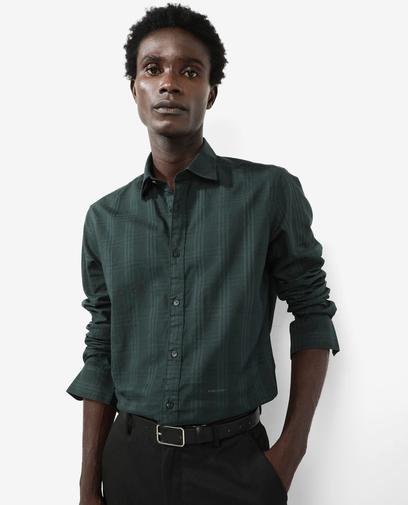 Rare Rabbit Men's Roar Dark Green Cotton Fabric Full Sleeves Collared Neck Checks Shirt