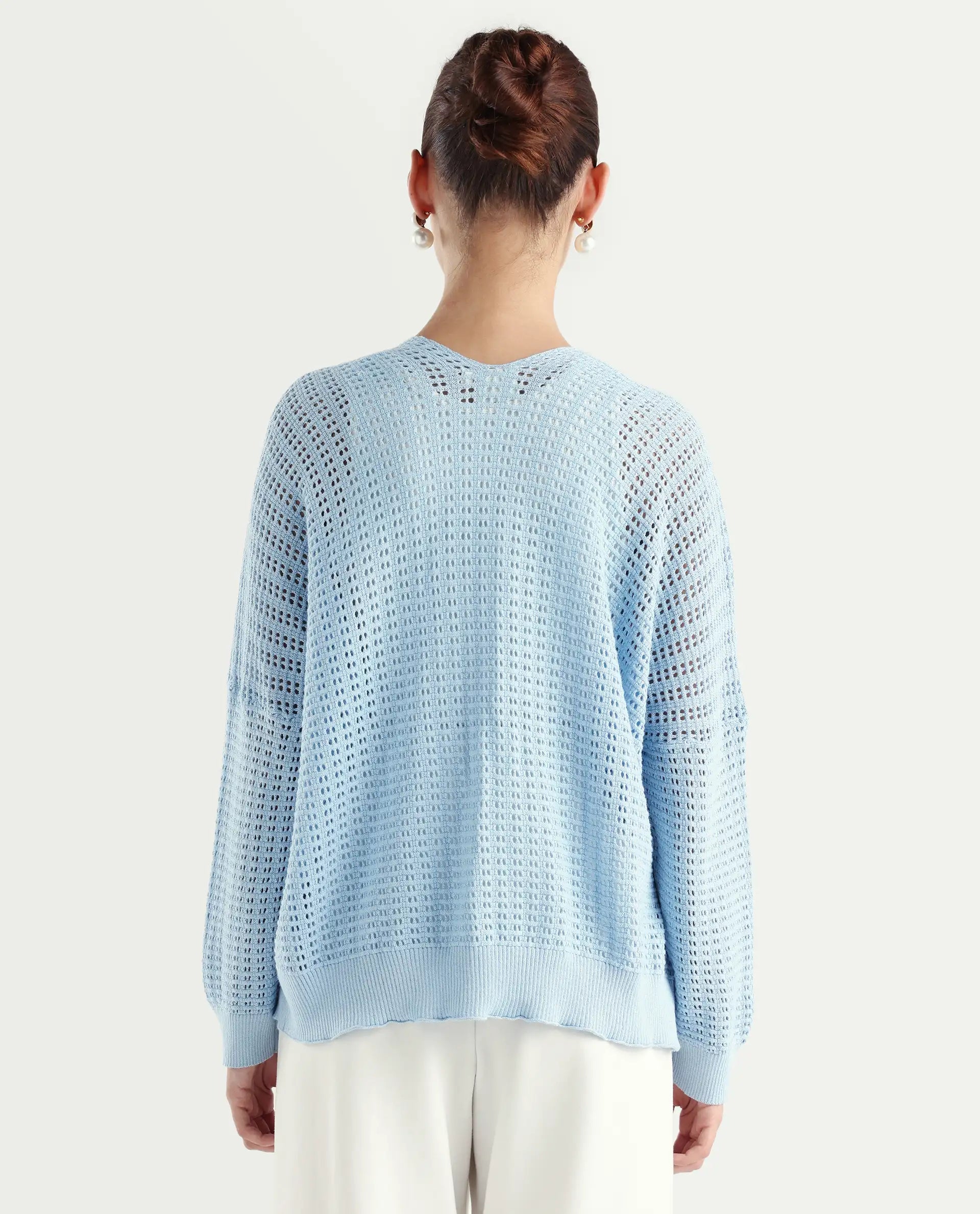Rareism Women's Roba Light Blue Cotton Plain Relaxed Fit Shrug
