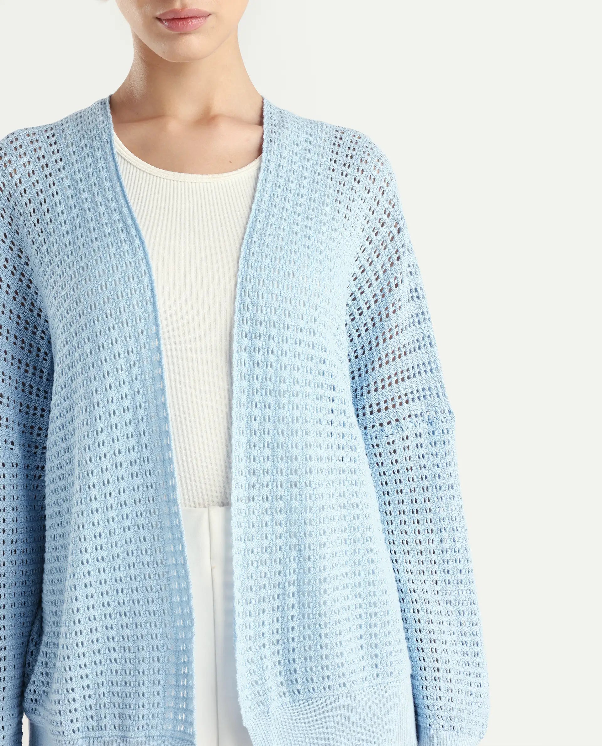 Rareism Women's Roba Light Blue Cotton Plain Relaxed Fit Shrug