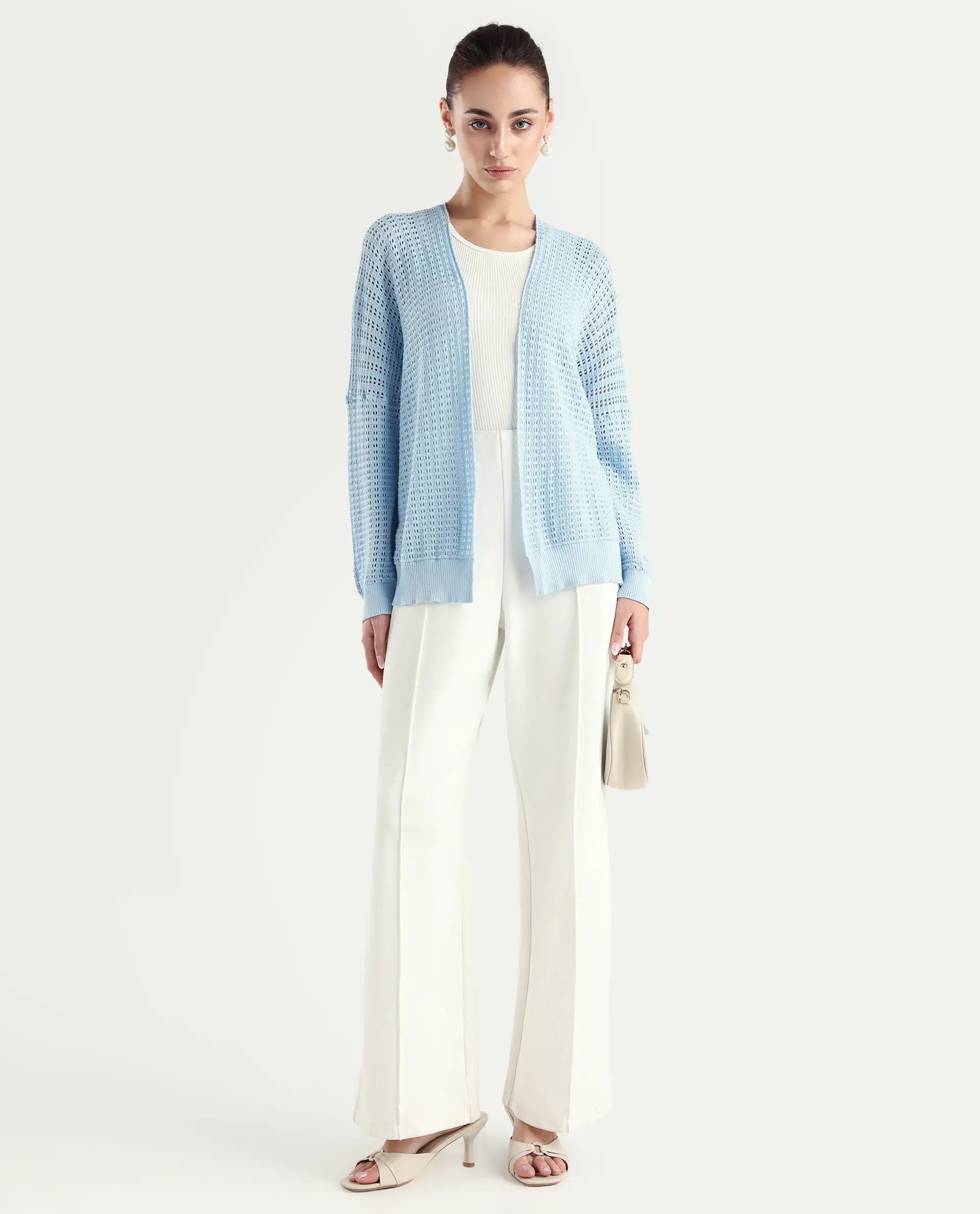 Rareism Women's Roba Light Blue Cotton Plain Relaxed Fit Shrug