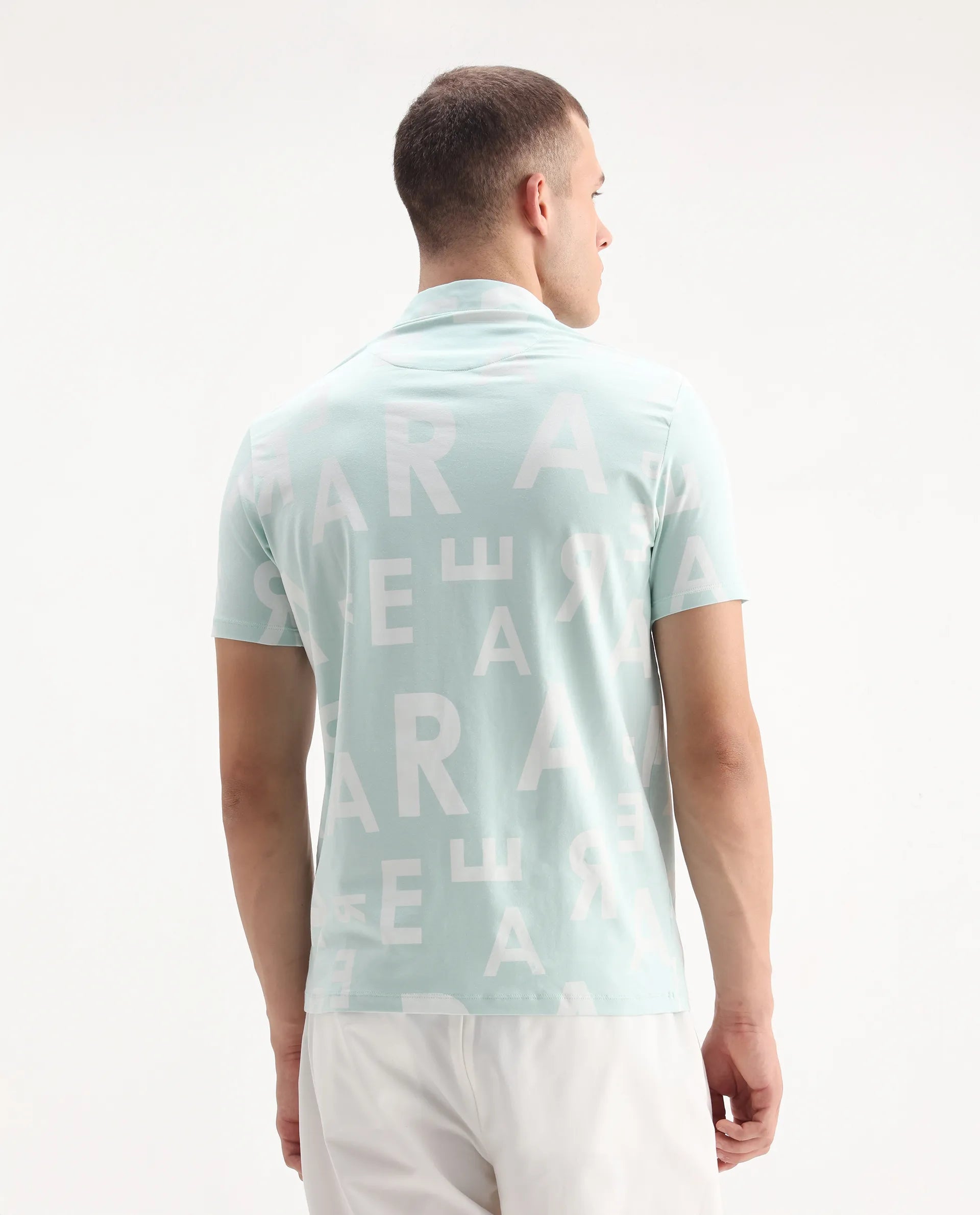 Rare Rabbit Men's Rocha Light Turq Cotton Monogram Print Regular Fit Half Sleeve Polo