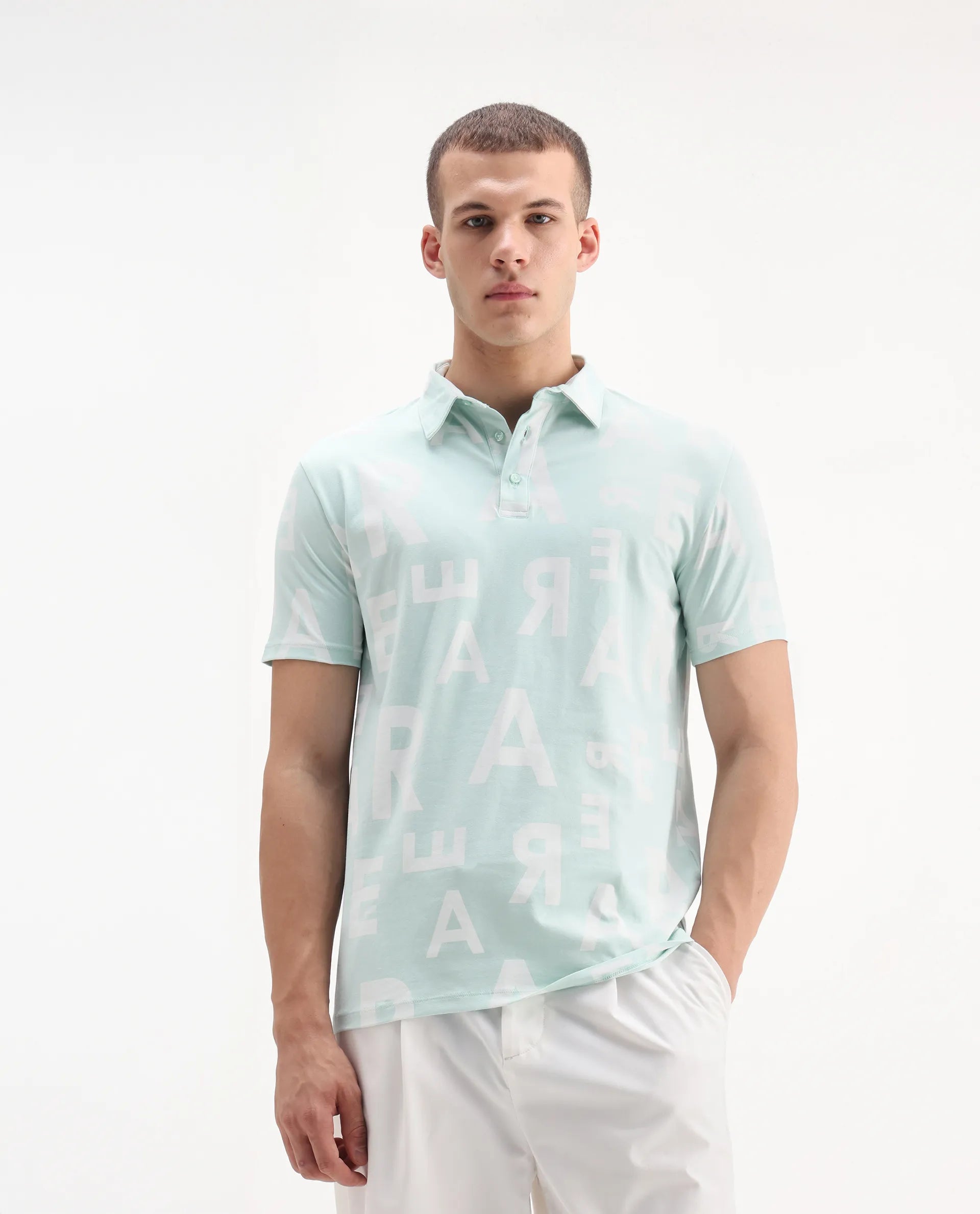 Rare Rabbit Men's Rocha Light Turq Cotton Monogram Print Regular Fit Half Sleeve Polo