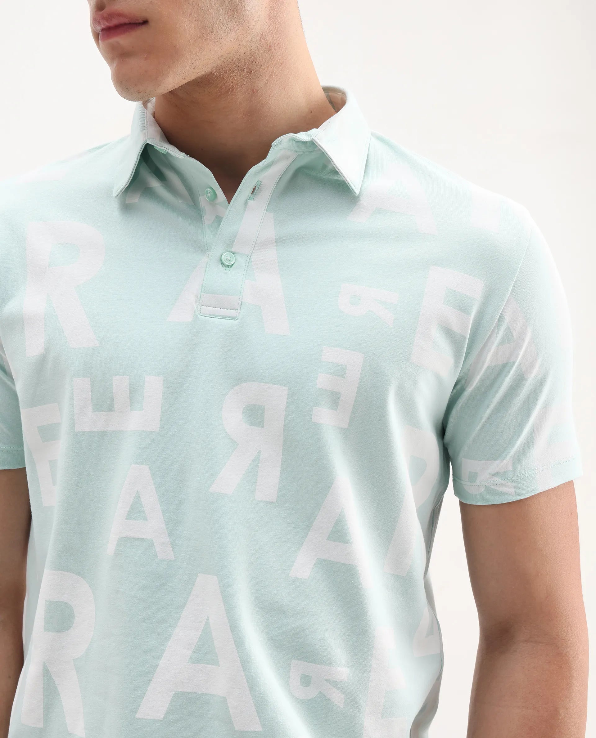 Rare Rabbit Men's Rocha Light Turq Cotton Monogram Print Regular Fit Half Sleeve Polo
