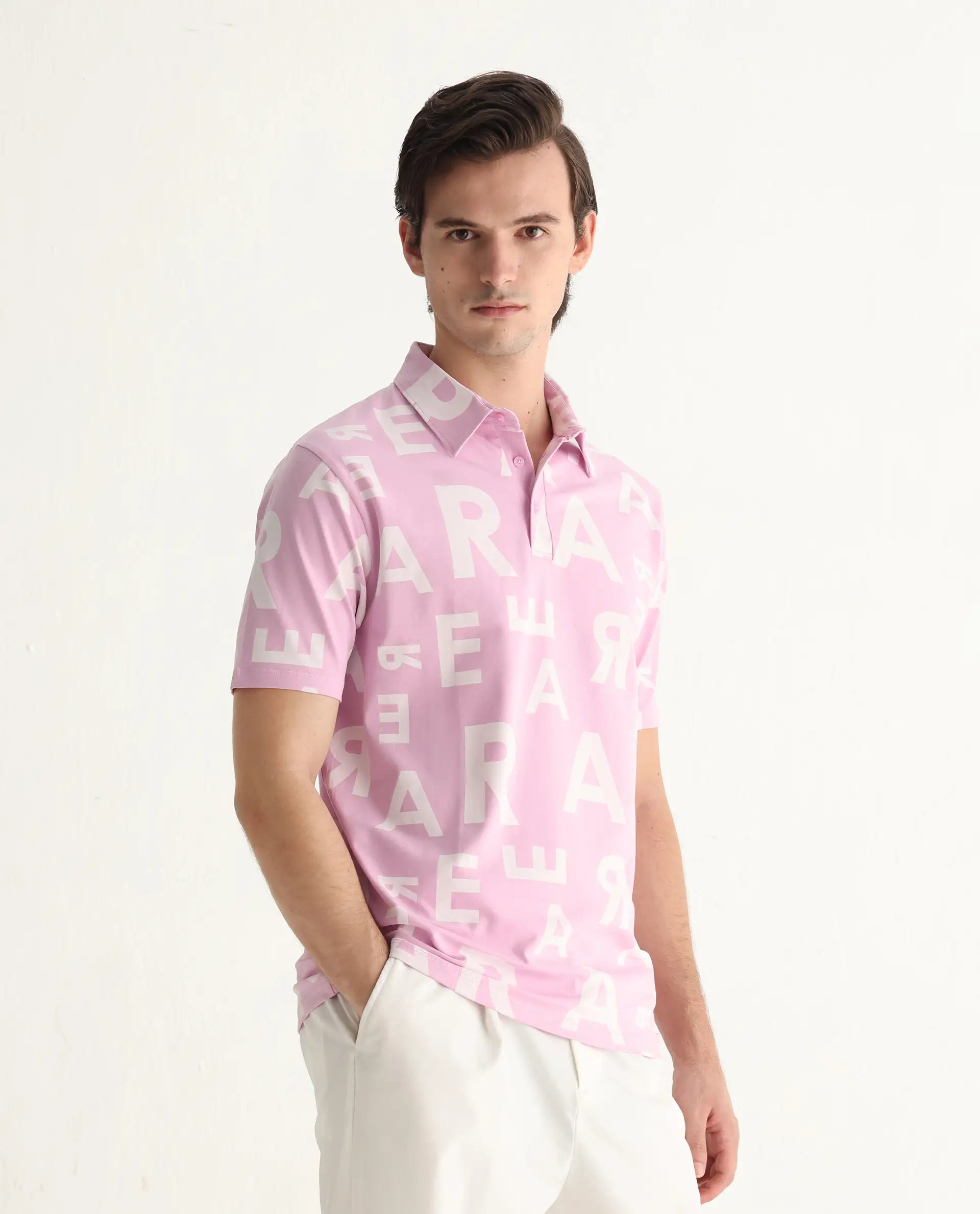 Rare Rabbit Men's Rocha Pastel Purple Cotton Monogram Print Regular Fit Half Sleeve Polo