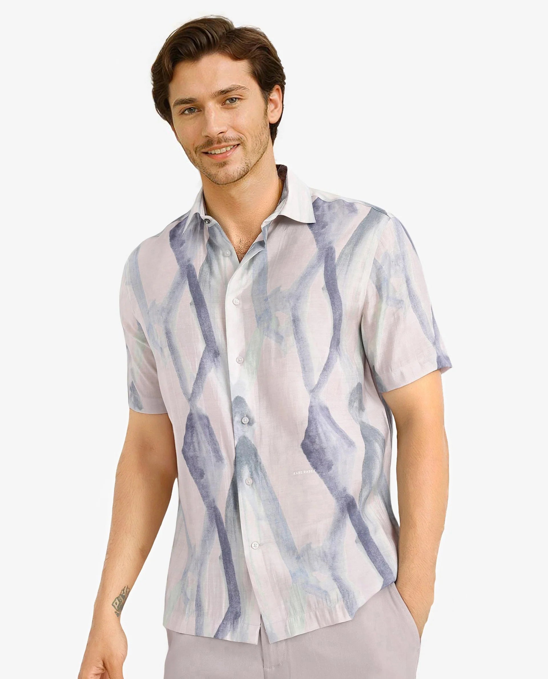 Rare Rabbit Men Rogue Pastel Pink Short Sleeve Regular Collar Button Closure Regular Fit Abstract Print Shirt