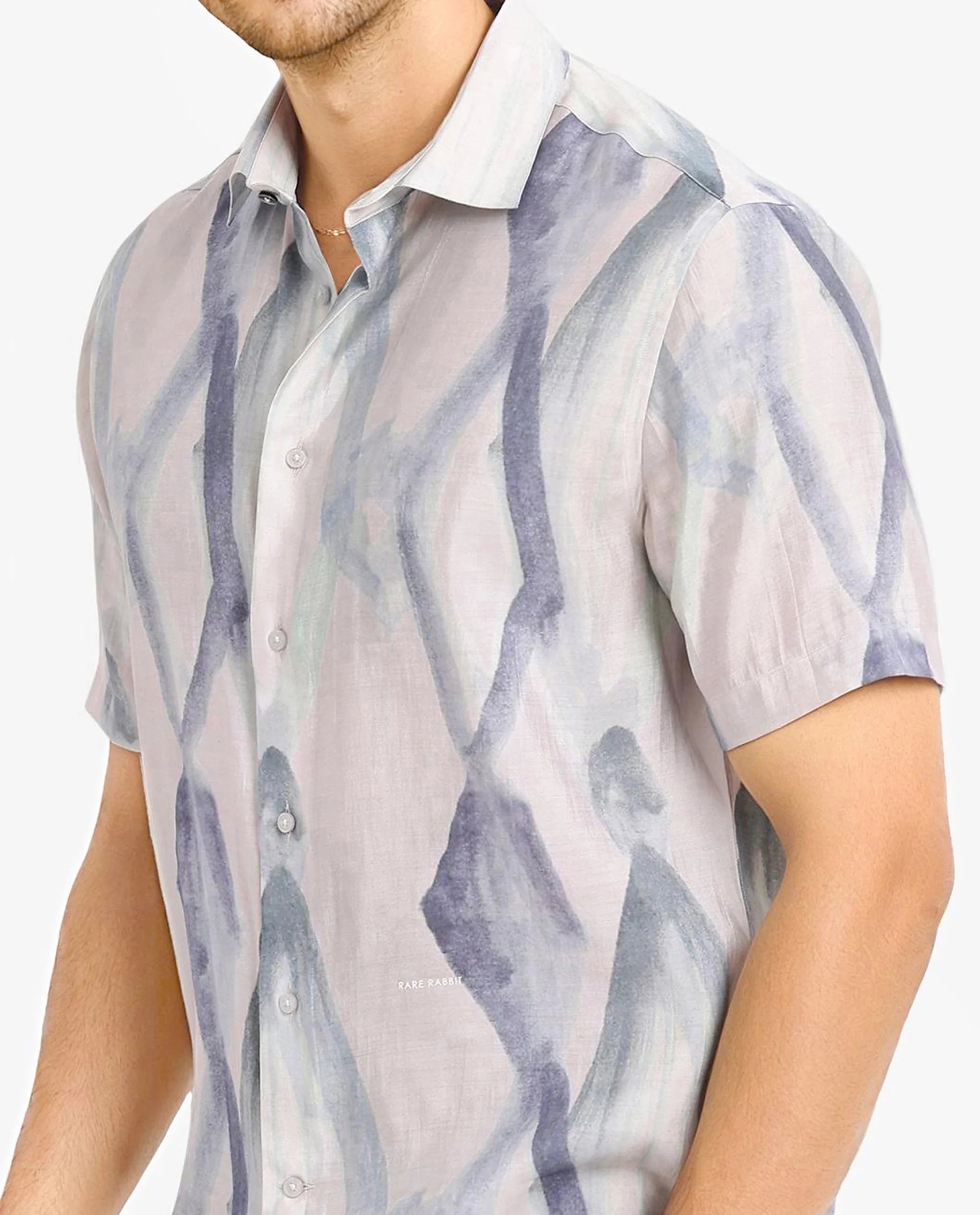 Rare Rabbit Men Rogue Pastel Pink Short Sleeve Regular Collar Button Closure Regular Fit Abstract Print Shirt