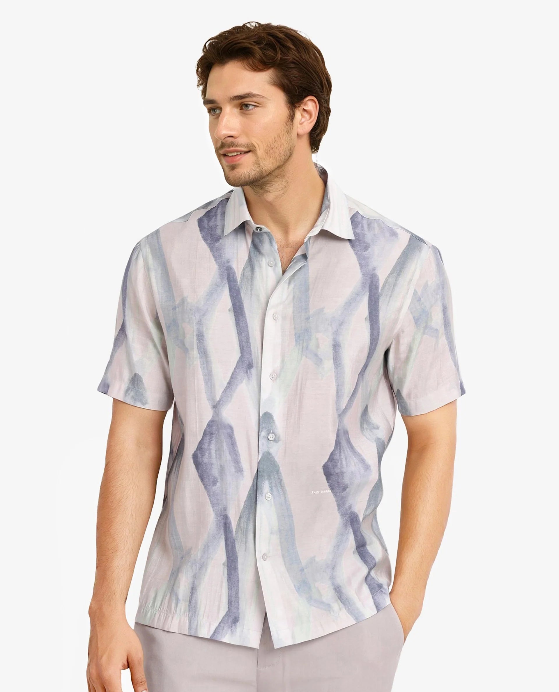 Rare Rabbit Men Rogue Pastel Pink Short Sleeve Regular Collar Button Closure Regular Fit Abstract Print Shirt