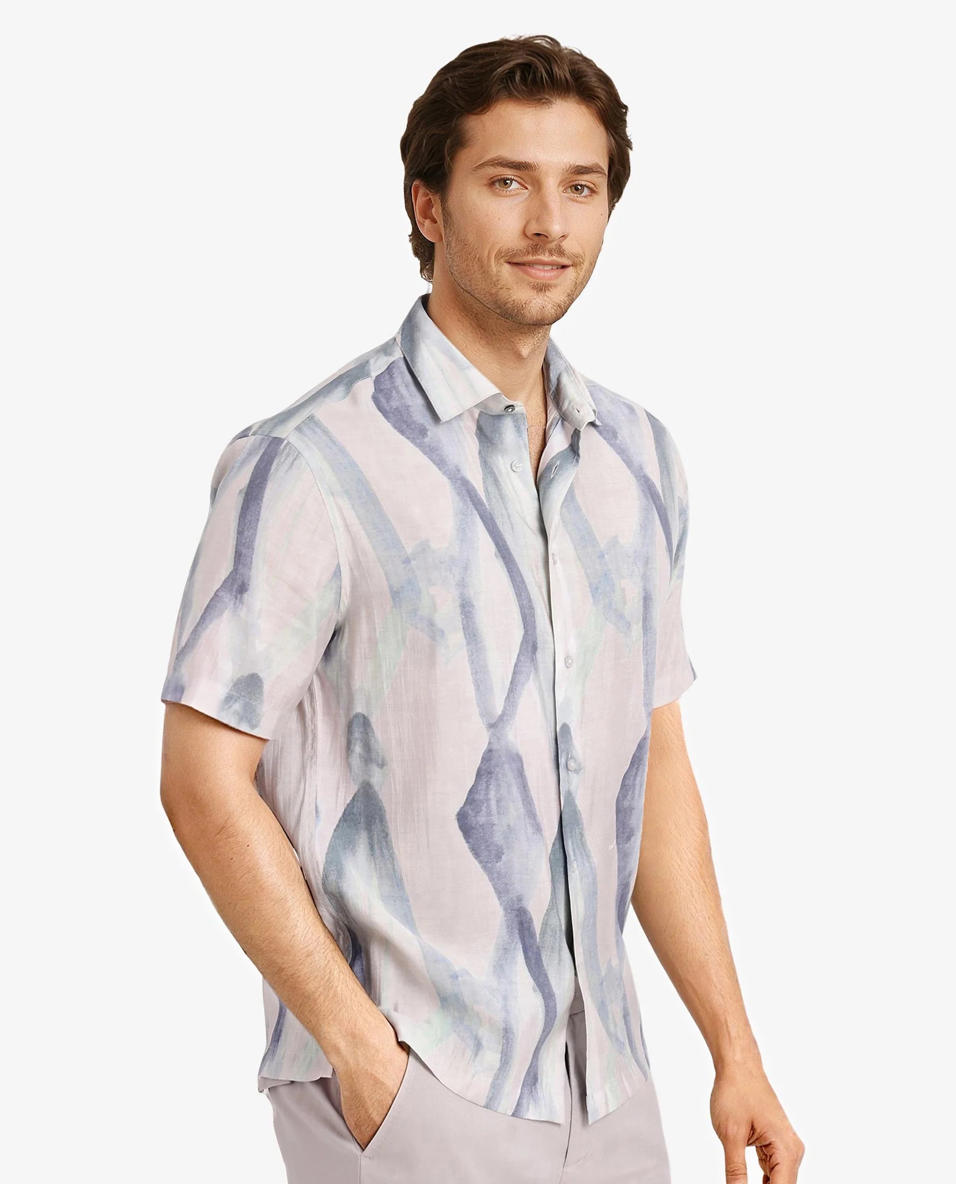 Rare Rabbit Men Rogue Pastel Pink Short Sleeve Regular Collar Button Closure Regular Fit Abstract Print Shirt