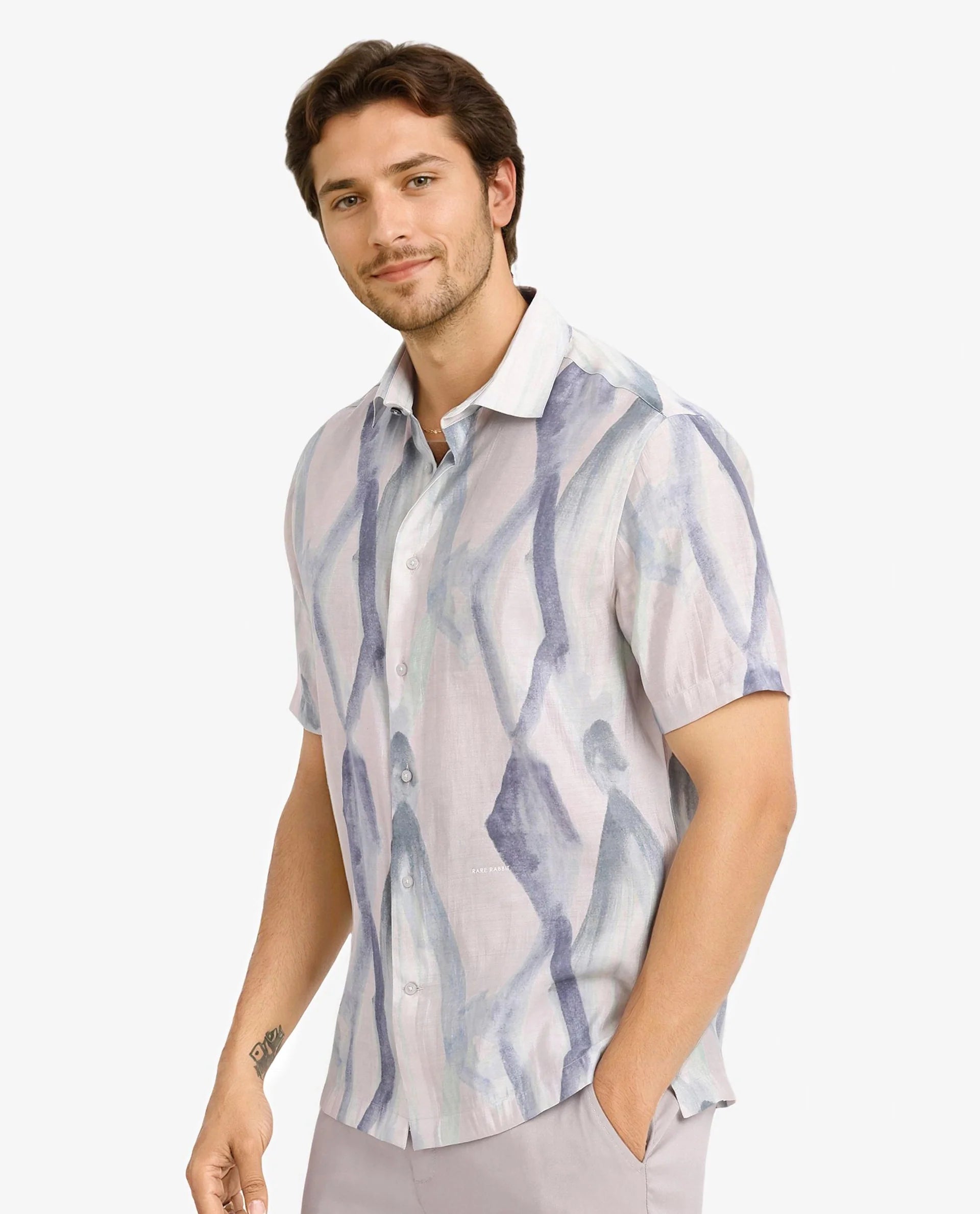 Rare Rabbit Men Rogue Pastel Pink Short Sleeve Regular Collar Button Closure Regular Fit Abstract Print Shirt