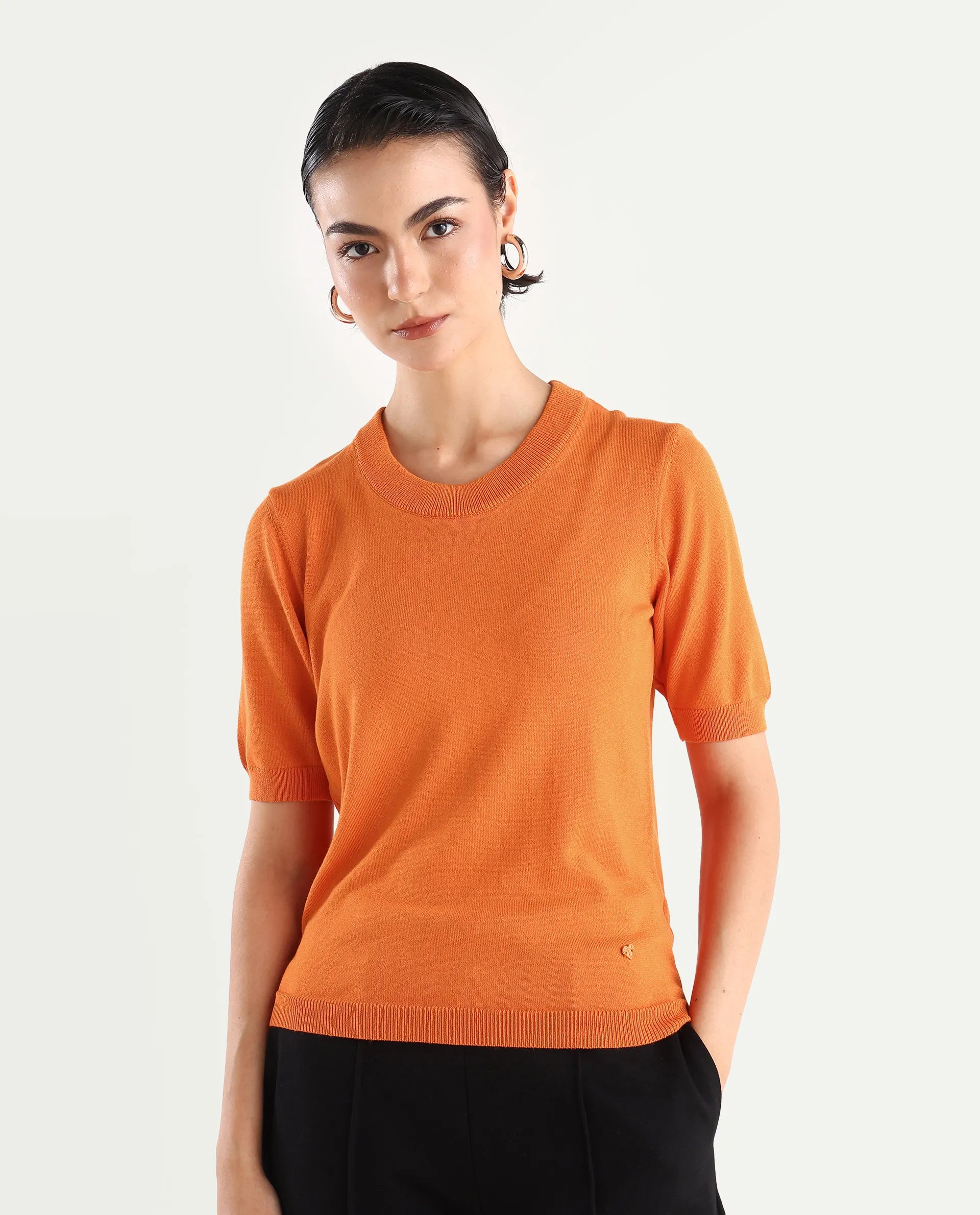 Rareism Women's Rohrdo Orange Cotton Blend Crew Neck Plain Regular Fit Sweater