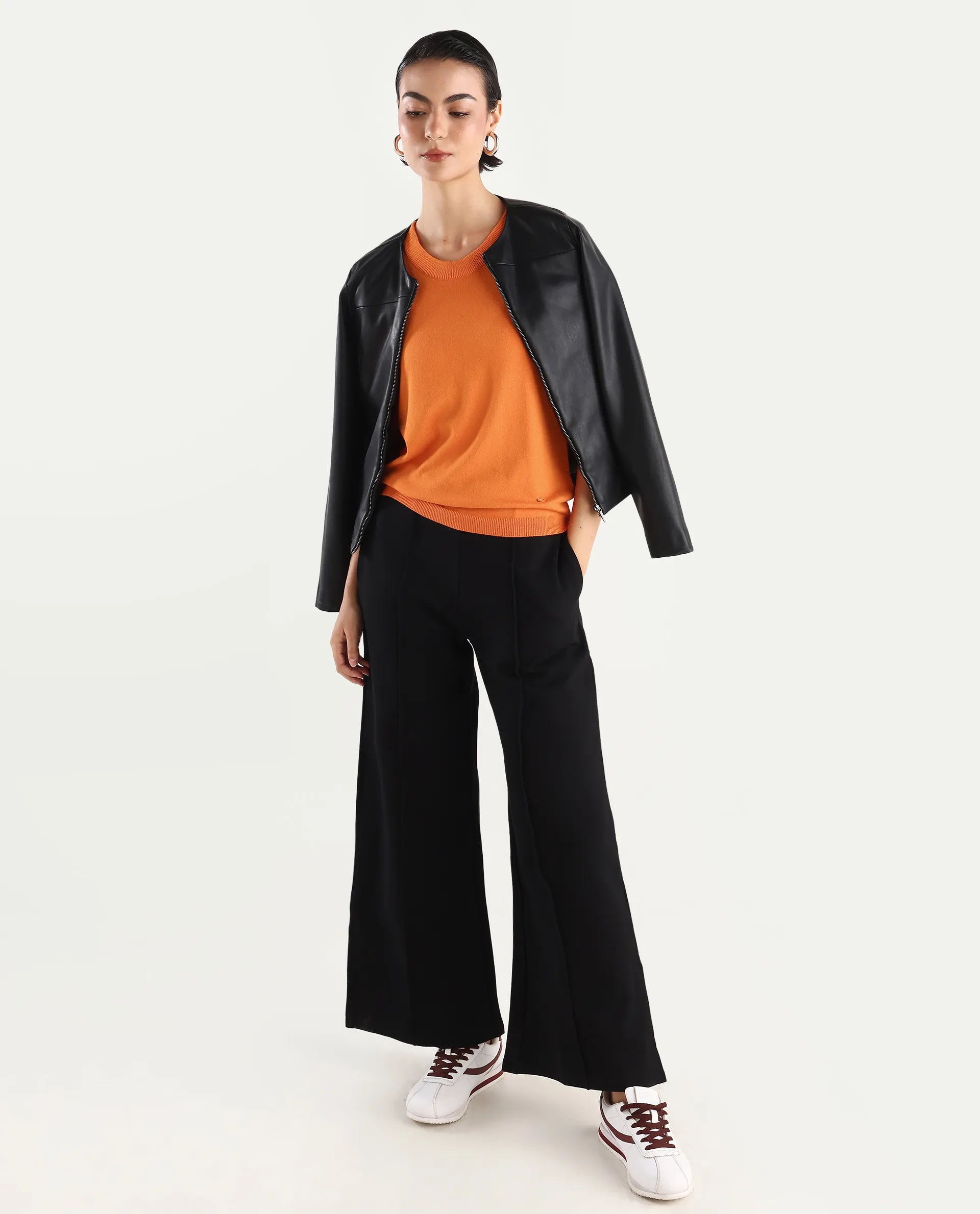 Rareism Women's Rohrdo Orange Cotton Blend Crew Neck Plain Regular Fit Sweater