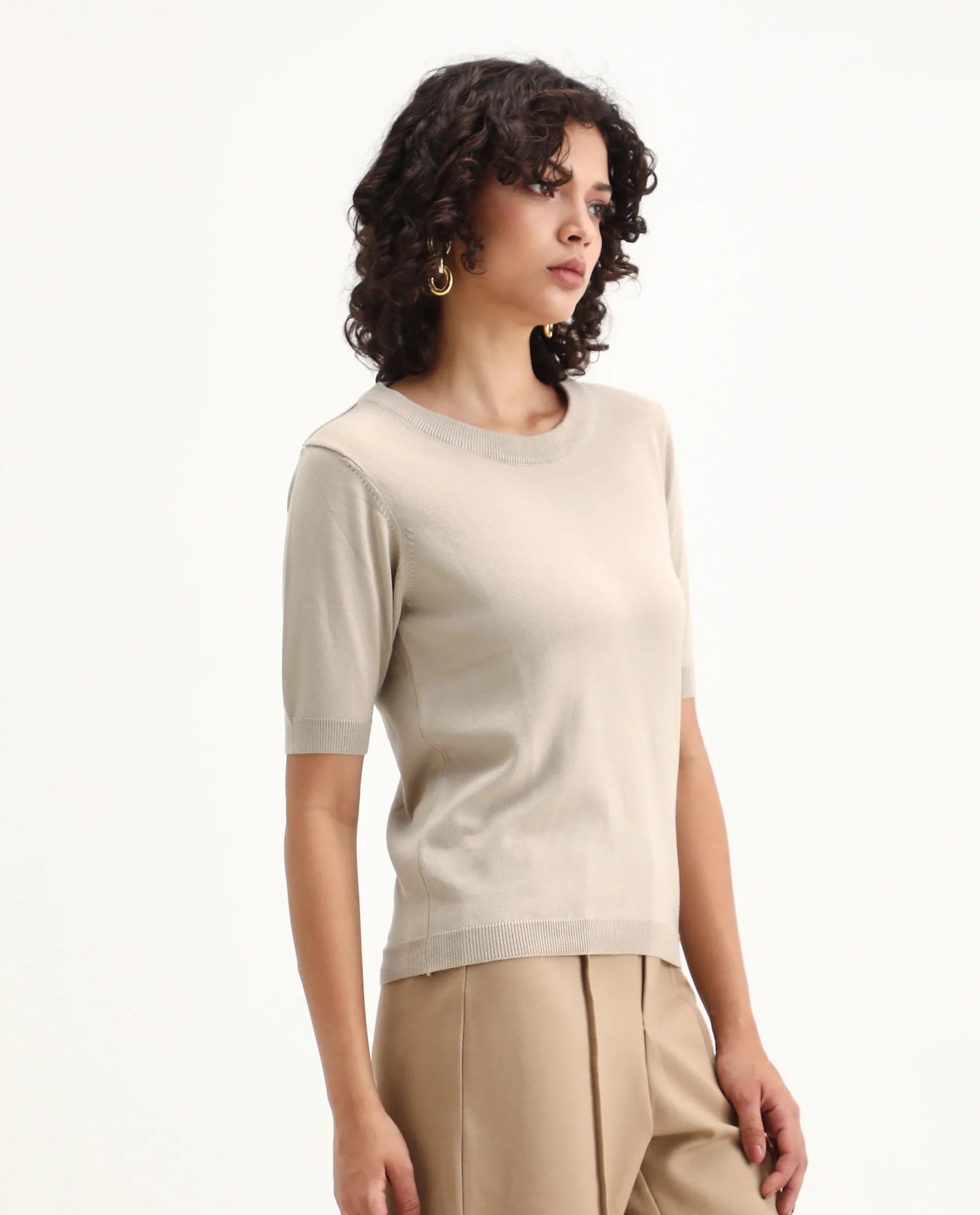 Rareism Women's Rohrdo Light Beige Viscose Blend Crew Neck Regular Fit Plain Top