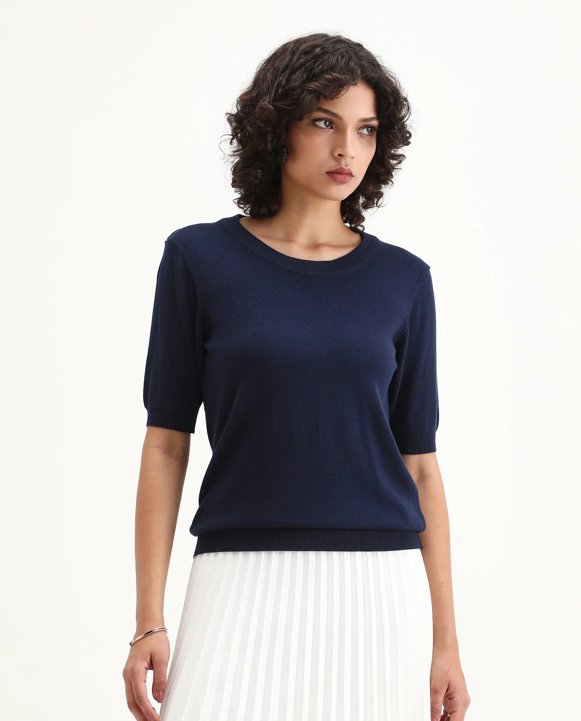 Rareism Women's Rohrdo Dark Navy Viscose Blend Crew Neck Regular Fit Plain Top