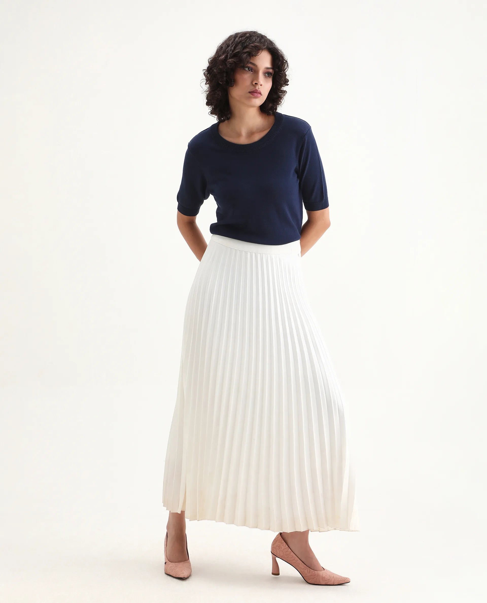 Rareism Women's Rohrdo Dark Navy Viscose Blend Crew Neck Regular Fit Plain Top