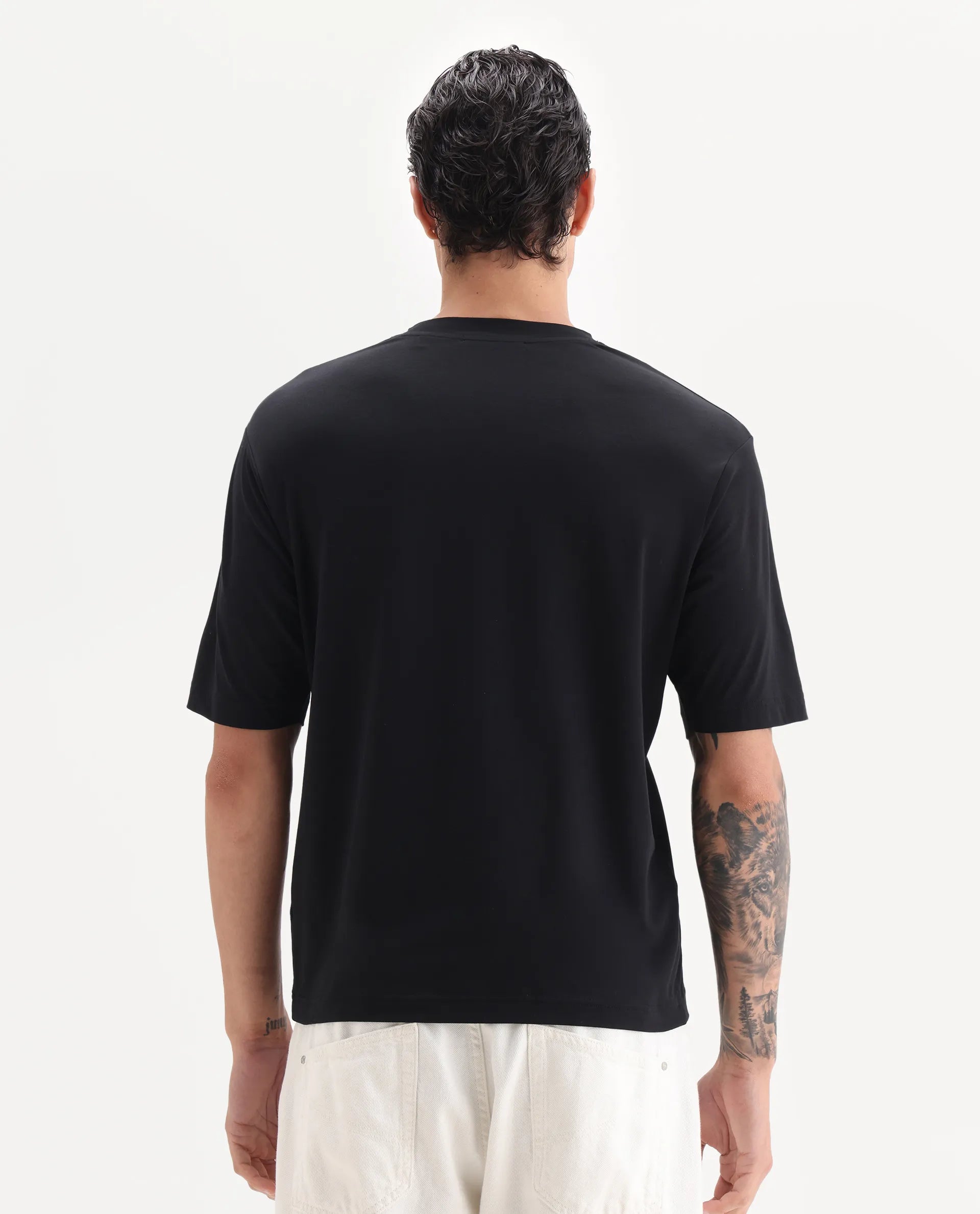 Rare Rabbit Men's Rom Black Cotton Blend Fabric Half Sleeve Crew Neck Oversized Fit Graphic Print T-Shirt