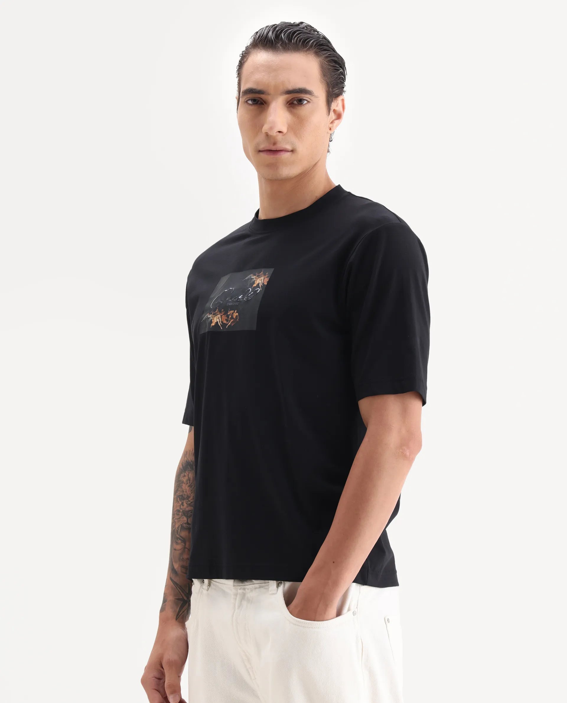 Rare Rabbit Men's Rom Black Cotton Blend Fabric Half Sleeve Crew Neck Oversized Fit Graphic Print T-Shirt