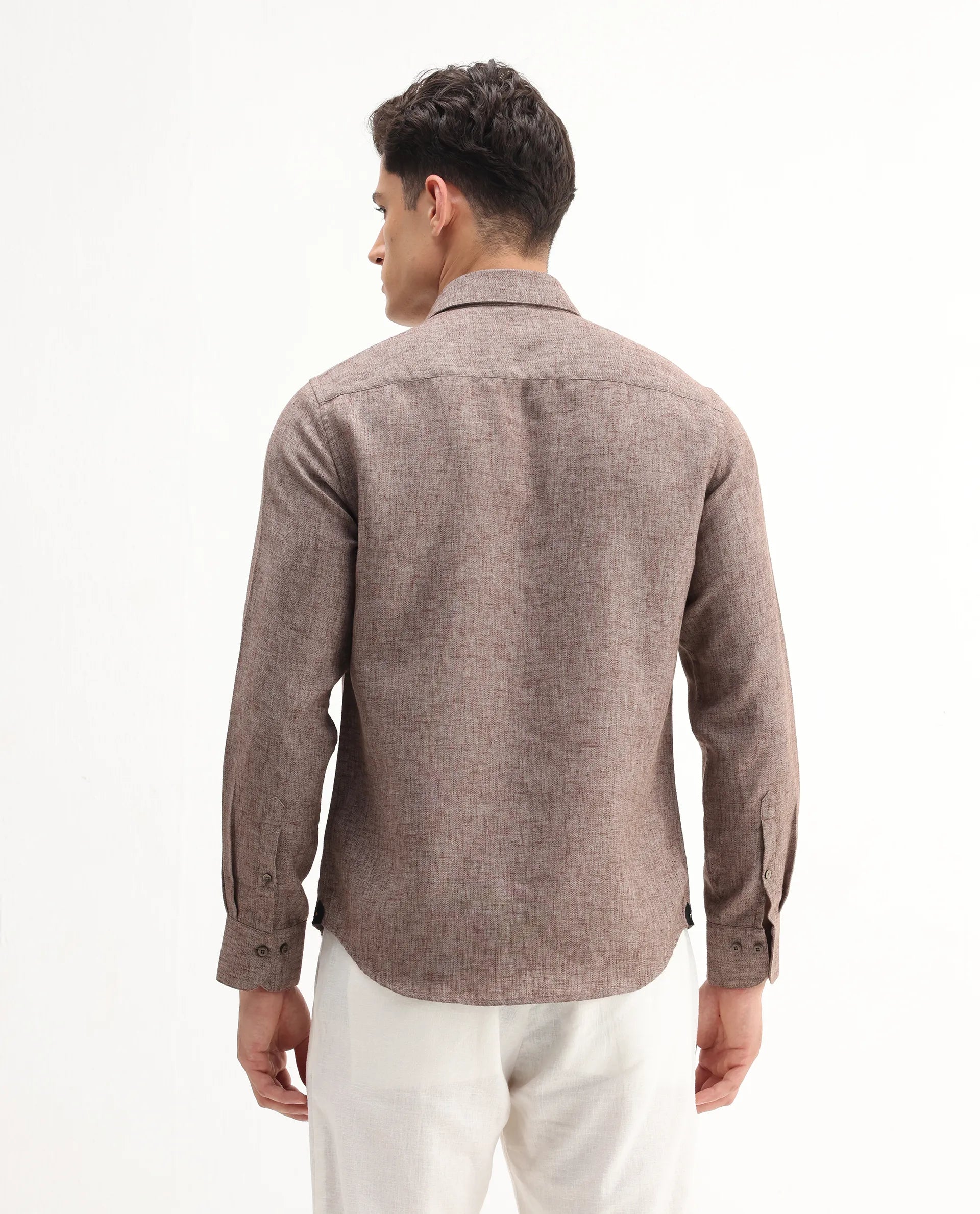 Rare Rabbit Men's Rome-Fs Dusky Brown Polyester Plain Regular Fit Full Sleeve Collared Shirt