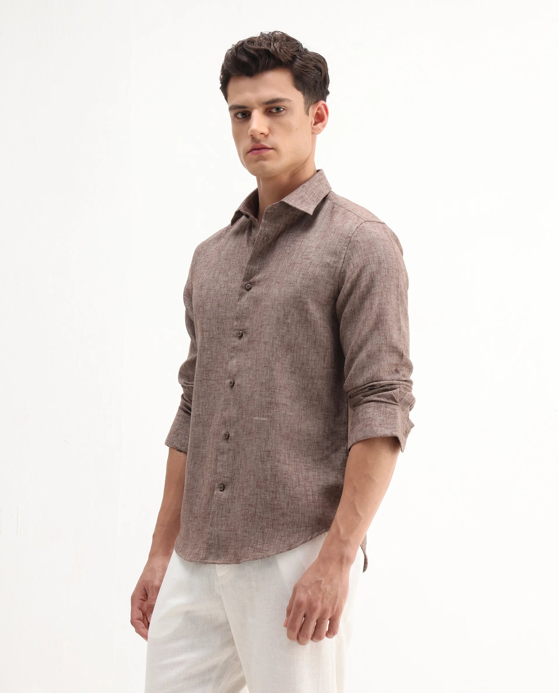 Rare Rabbit Men's Rome-Fs Dusky Brown Polyester Plain Regular Fit Full Sleeve Collared Shirt