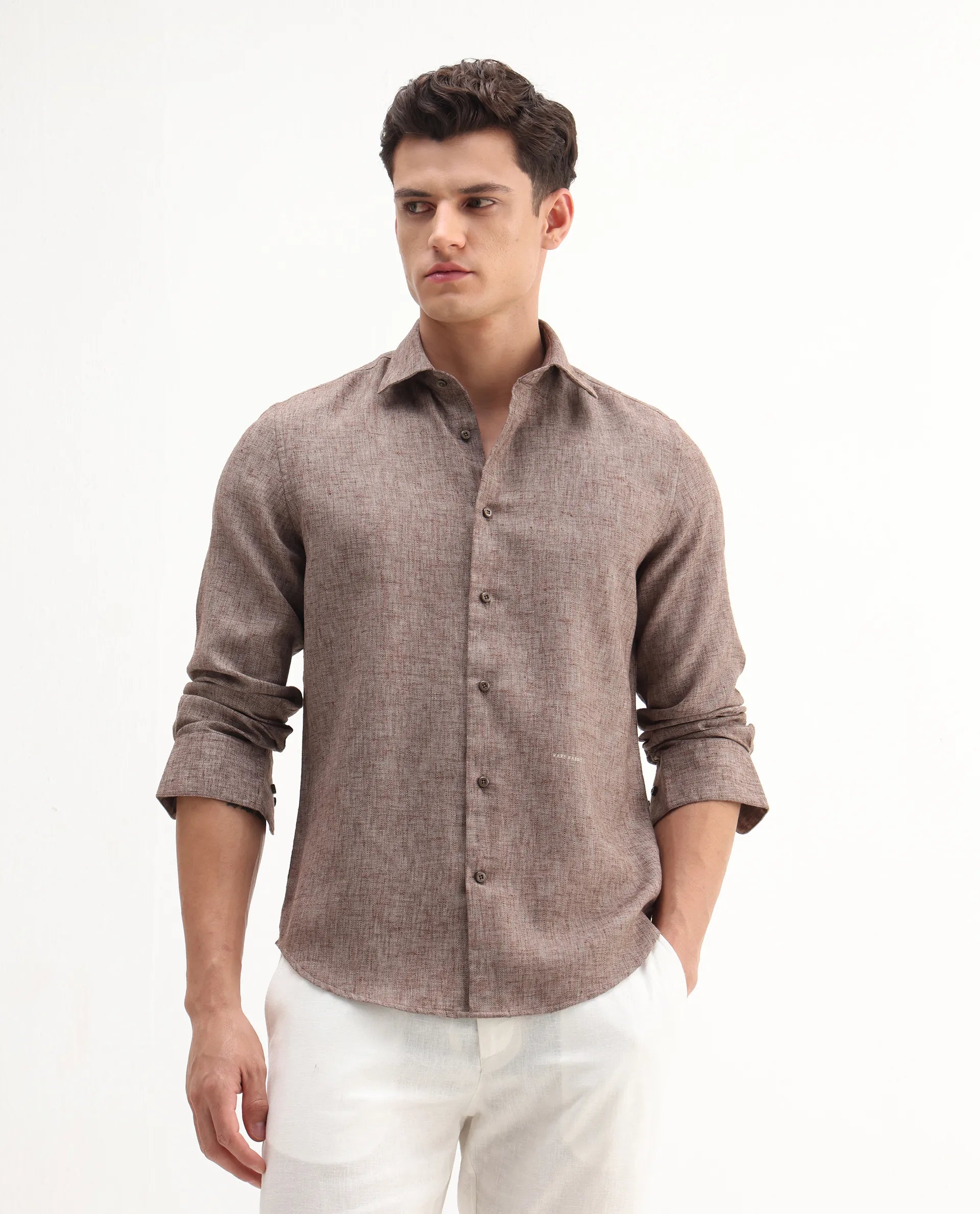Rare Rabbit Men's Rome-Fs Dusky Brown Polyester Plain Regular Fit Full Sleeve Collared Shirt
