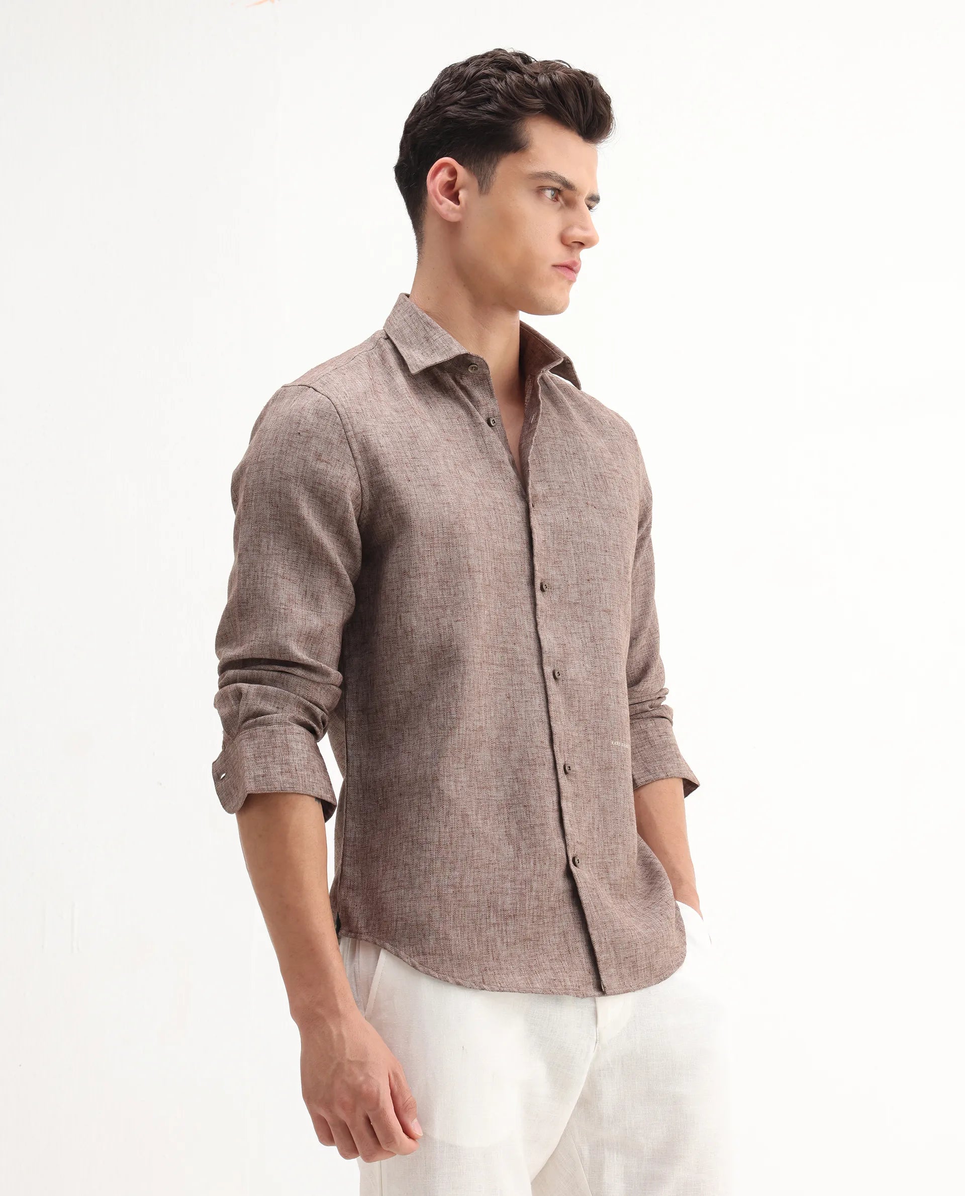 Rare Rabbit Men's Rome-Fs Dusky Brown Polyester Plain Regular Fit Full Sleeve Collared Shirt