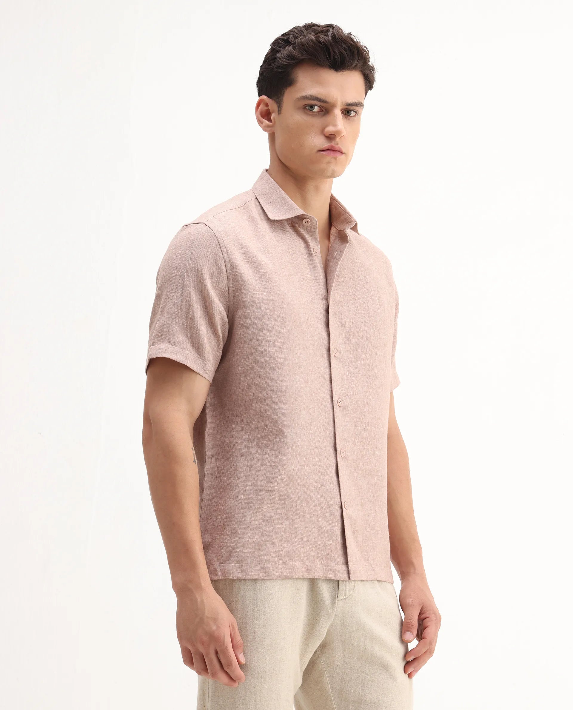 Rare Rabbit Men's Rome-Ss Dusky Rust Polyester Plain Regular Fit Half Sleeve Collared Shirt