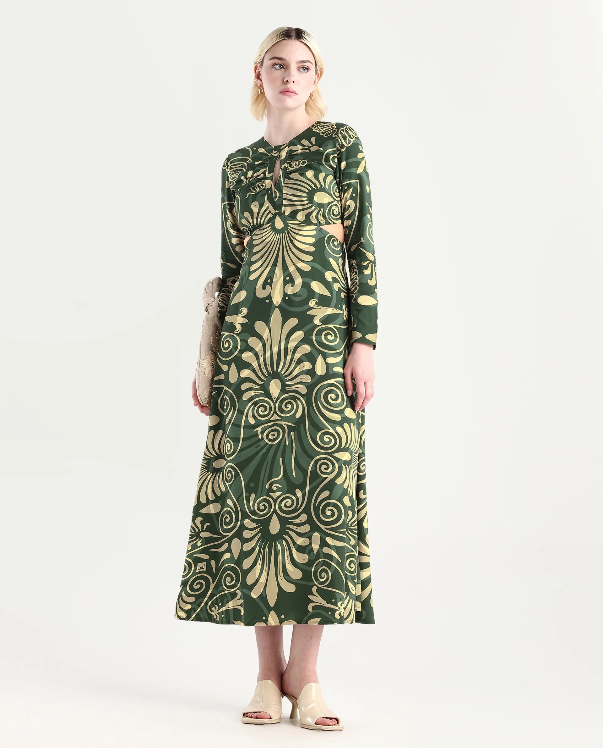 Rareism Women's Ronaz Green Viscose Round Neck Ornamental Print Maxi Fit And Flare Dress