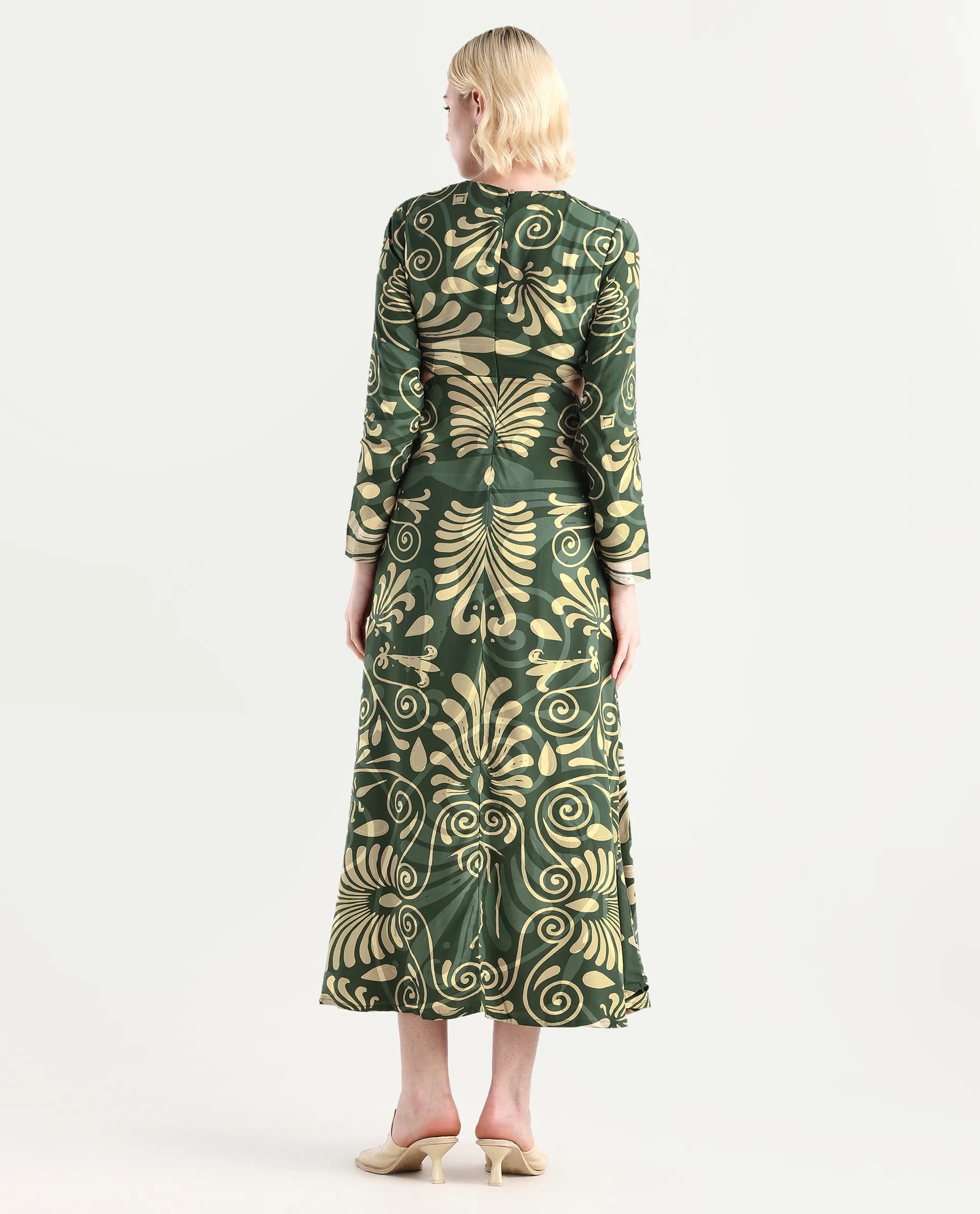 Rareism Women's Ronaz Green Viscose Round Neck Ornamental Print Maxi Fit And Flare Dress