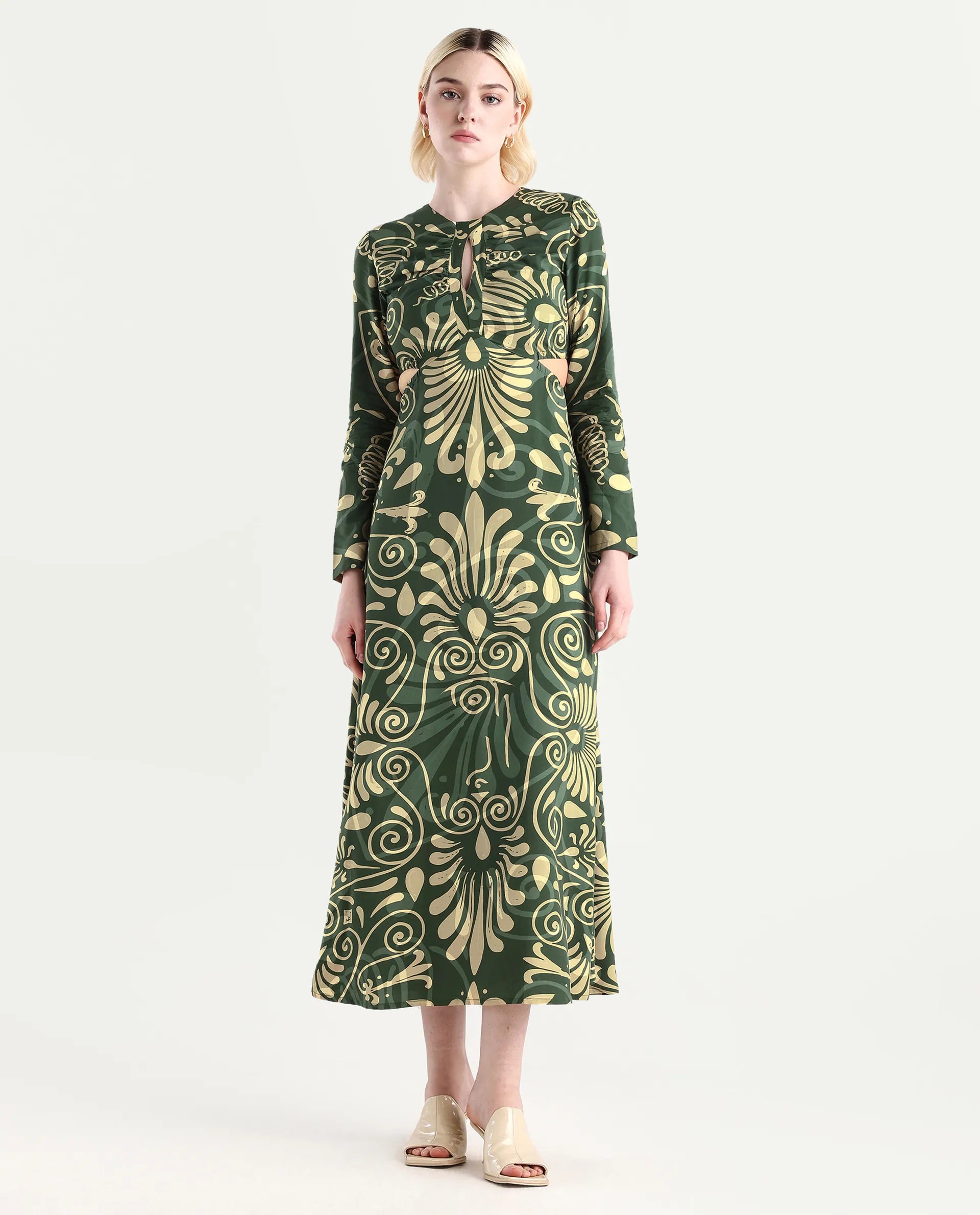 Rareism Women's Ronaz Green Viscose Round Neck Ornamental Print Maxi Fit And Flare Dress