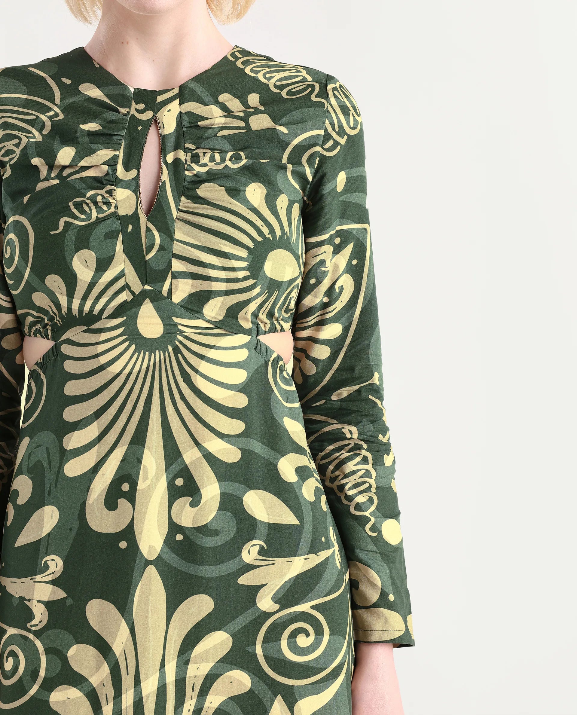 Rareism Women's Ronaz Green Viscose Round Neck Ornamental Print Maxi Fit And Flare Dress