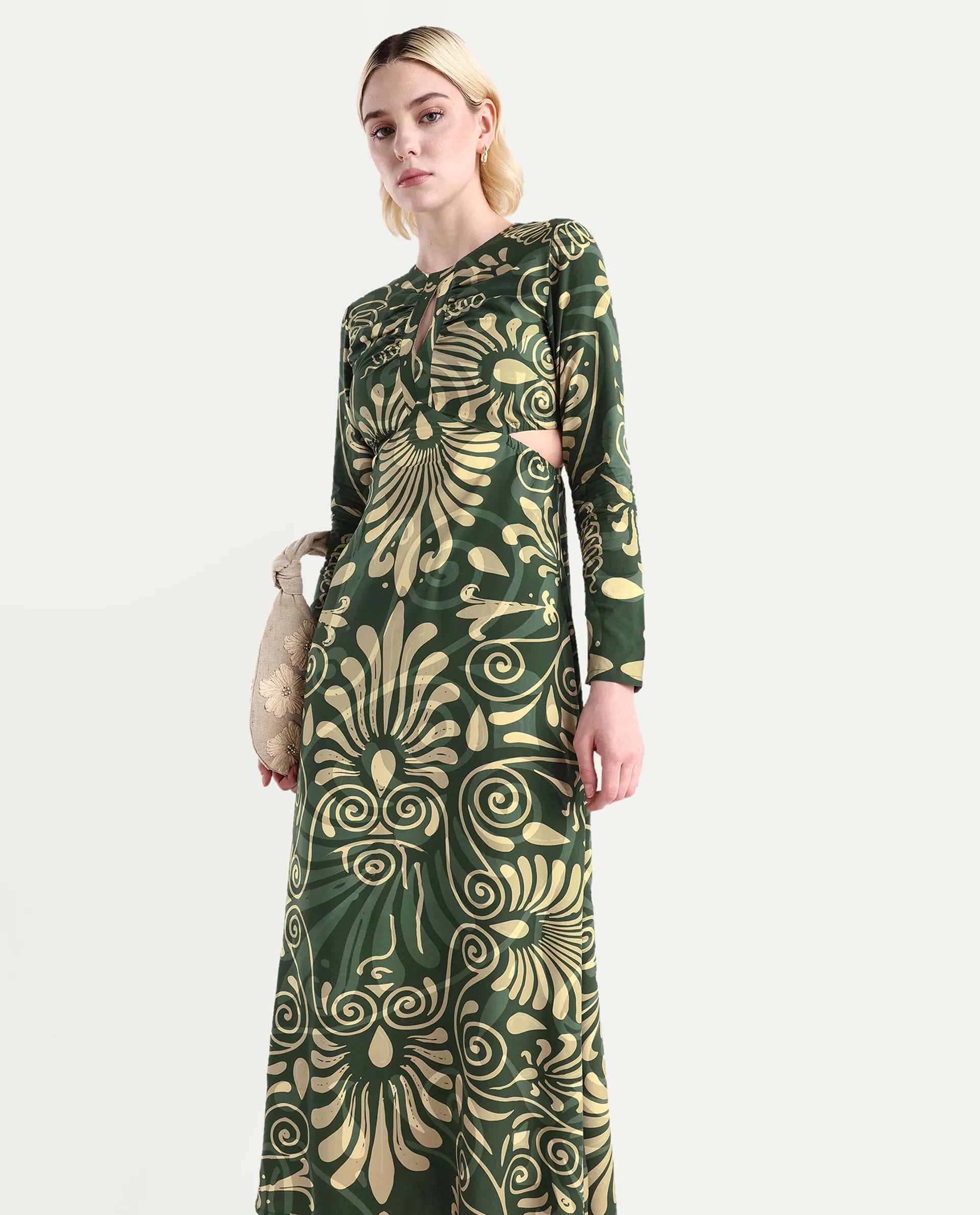 Rareism Women's Ronaz Green Viscose Round Neck Ornamental Print Maxi Fit And Flare Dress