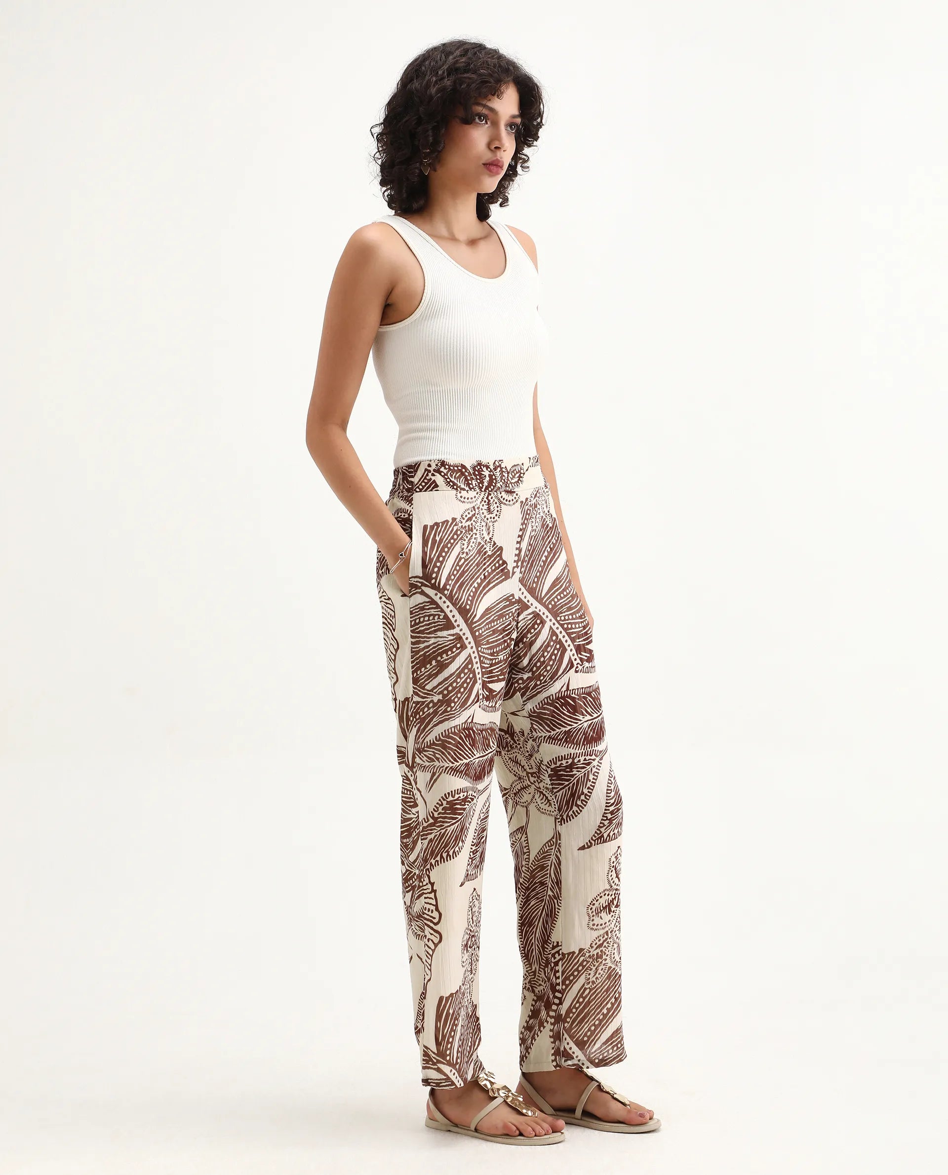 Rareism Women's Ron B Dark Beige Polyester Floral Print Ankle Length Straight Fit Trouser