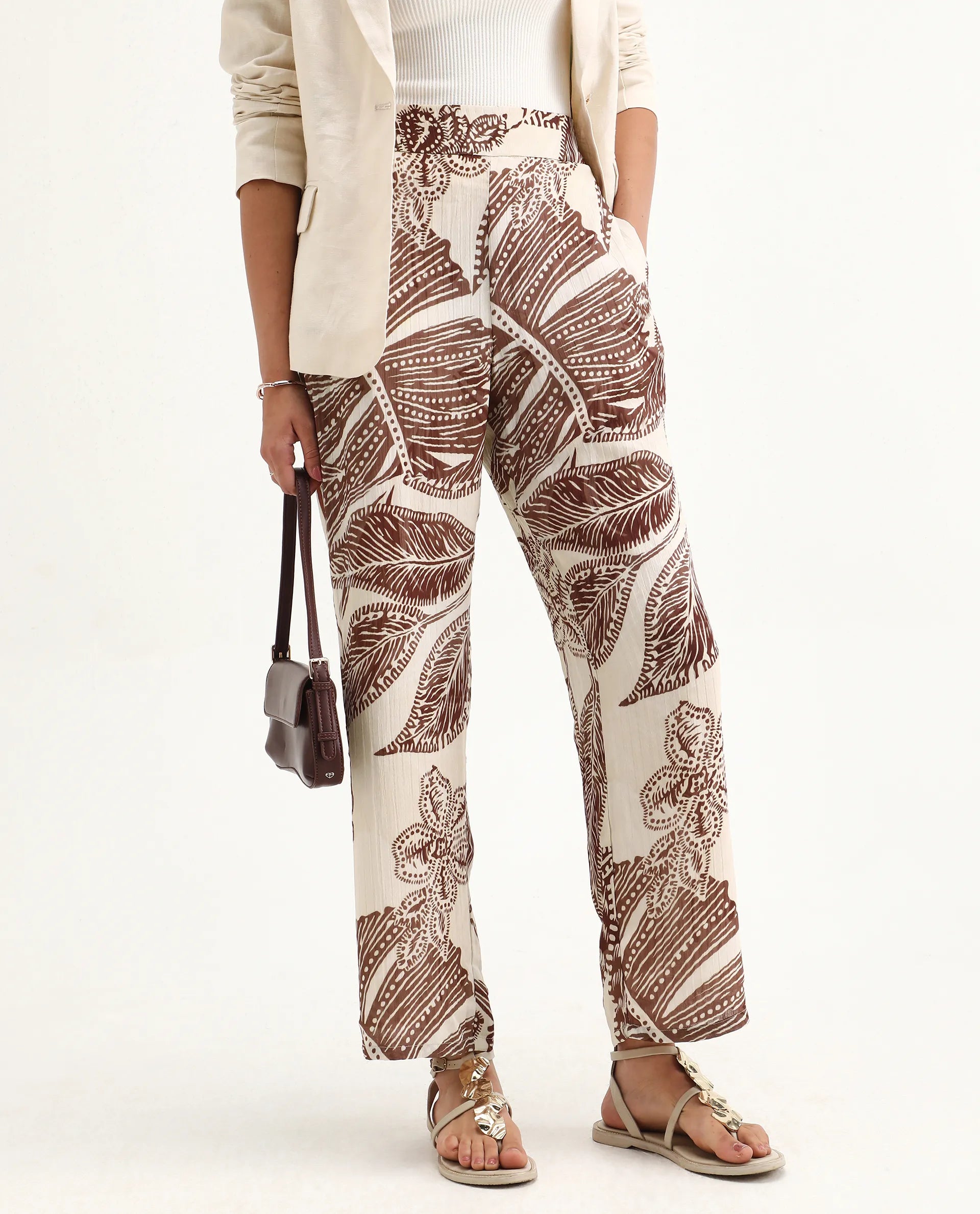 Rareism Women's Ron B Dark Beige Polyester Floral Print Ankle Length Straight Fit Trouser