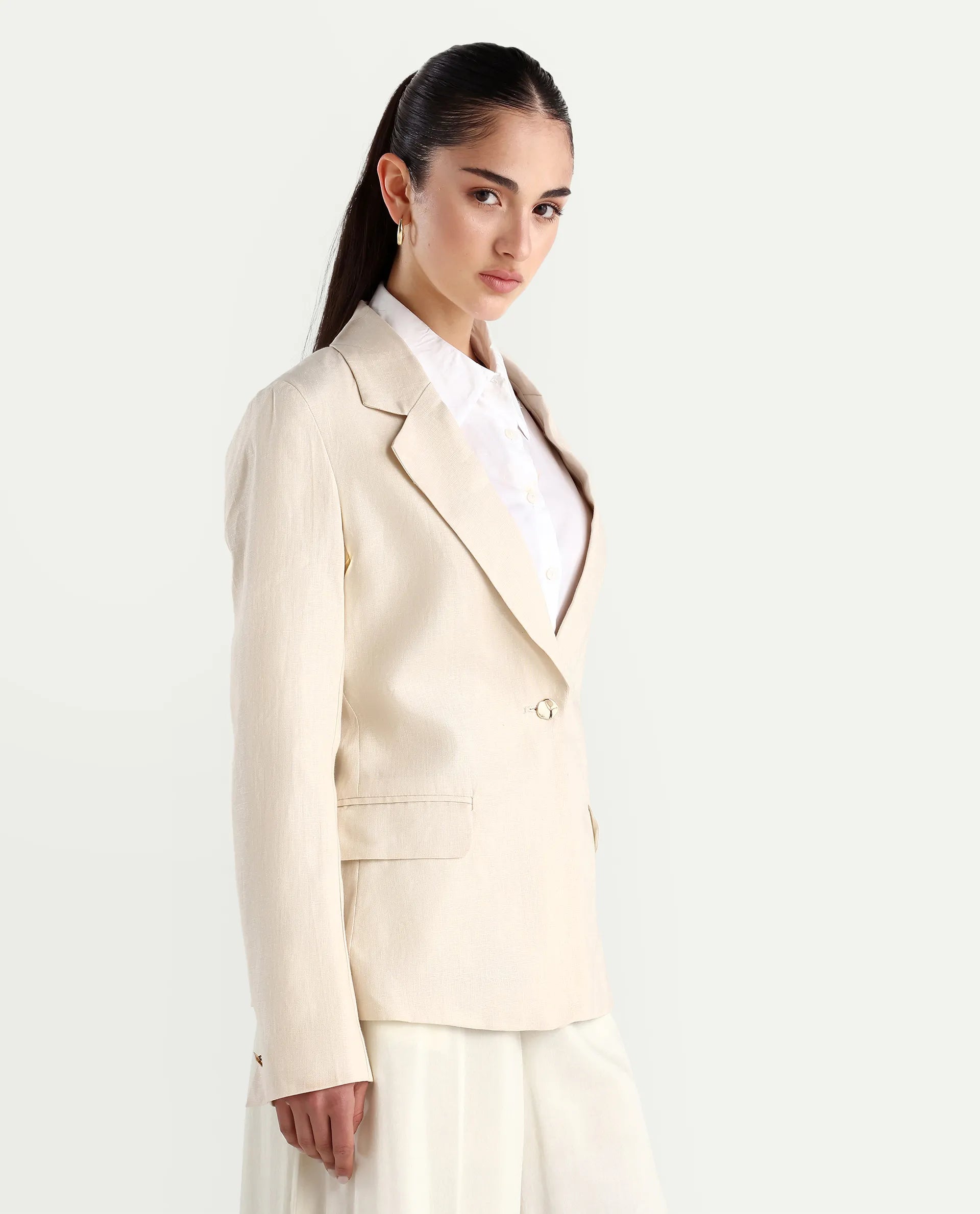 Rareism Women's Ronbla T Beige Linen Lapel Neck Plain Regular Fit Blazer