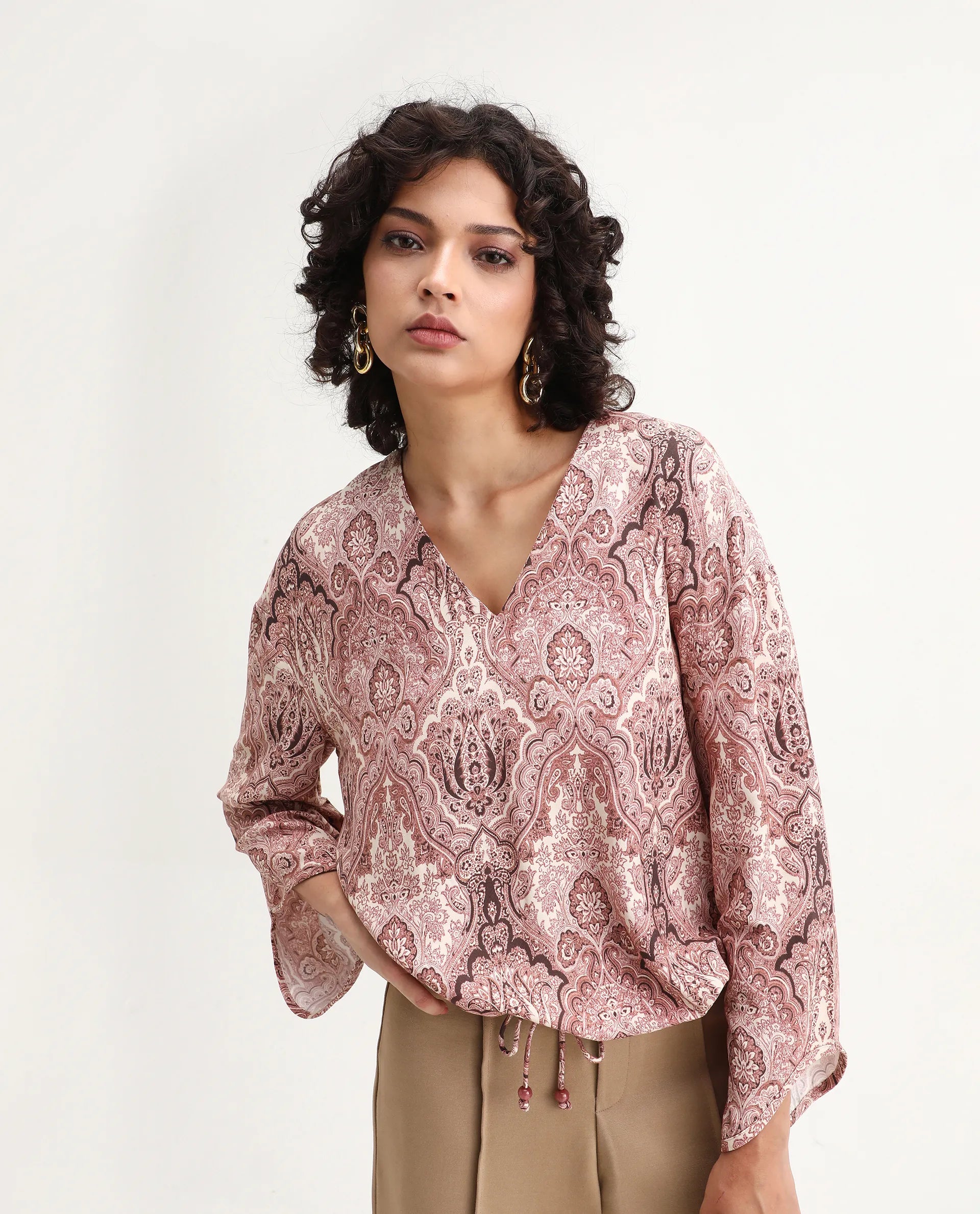 Rareism Women's Roneltie Light Brown Viscose V-Neck Ornamental Print Relaxed Fit Top
