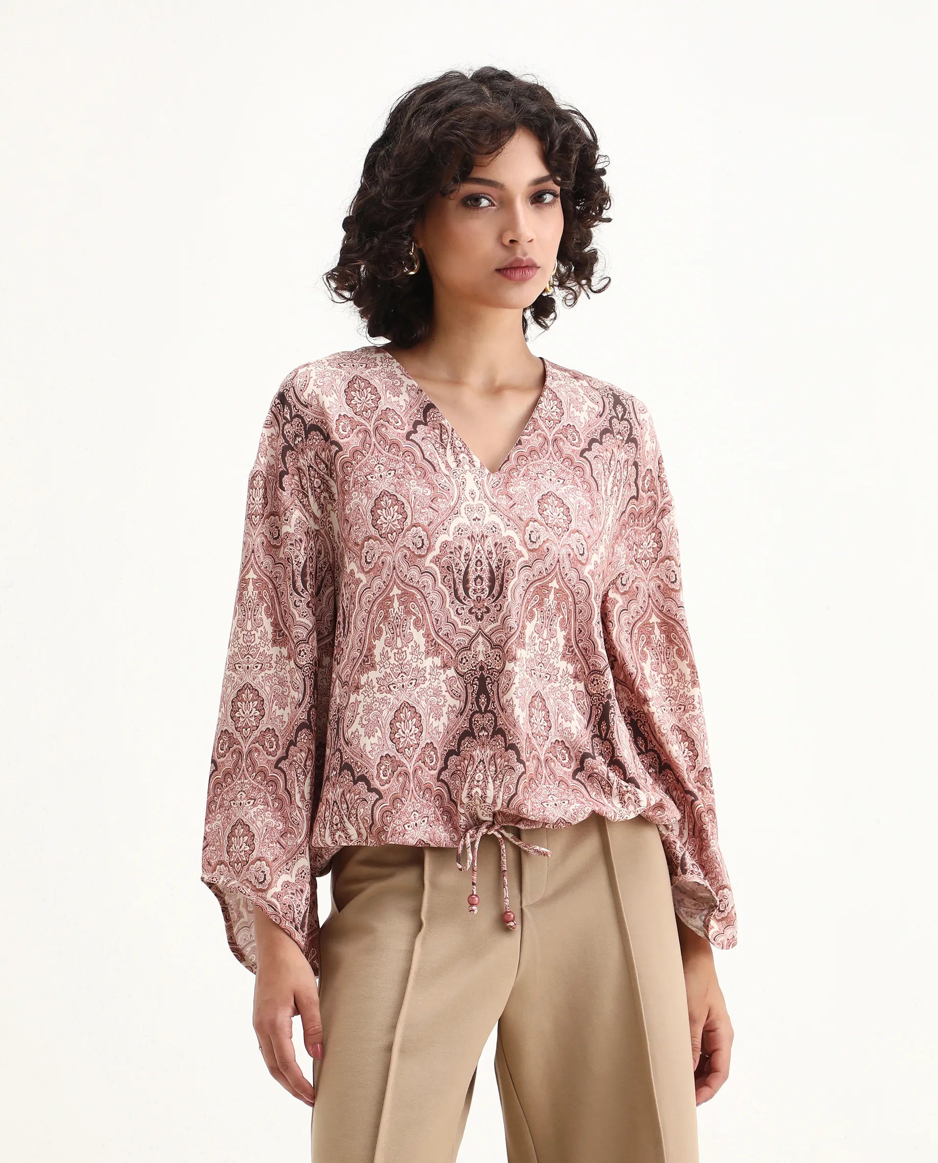 Rareism Women's Roneltie Light Brown Viscose V-Neck Ornamental Print Relaxed Fit Top
